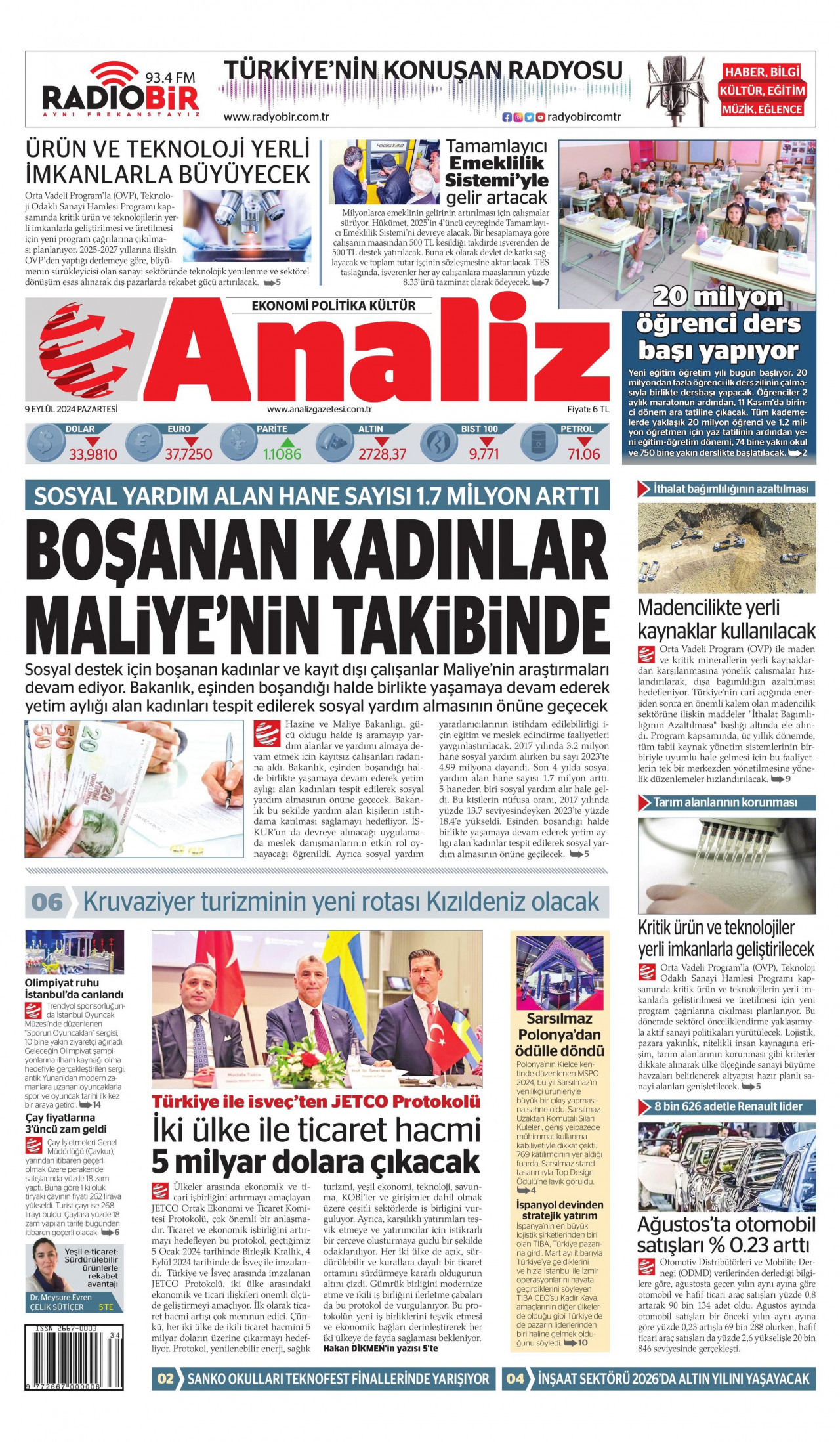 ANALİZ gazetesinin 9 Eylül 2024 tarihli birinci sayfası