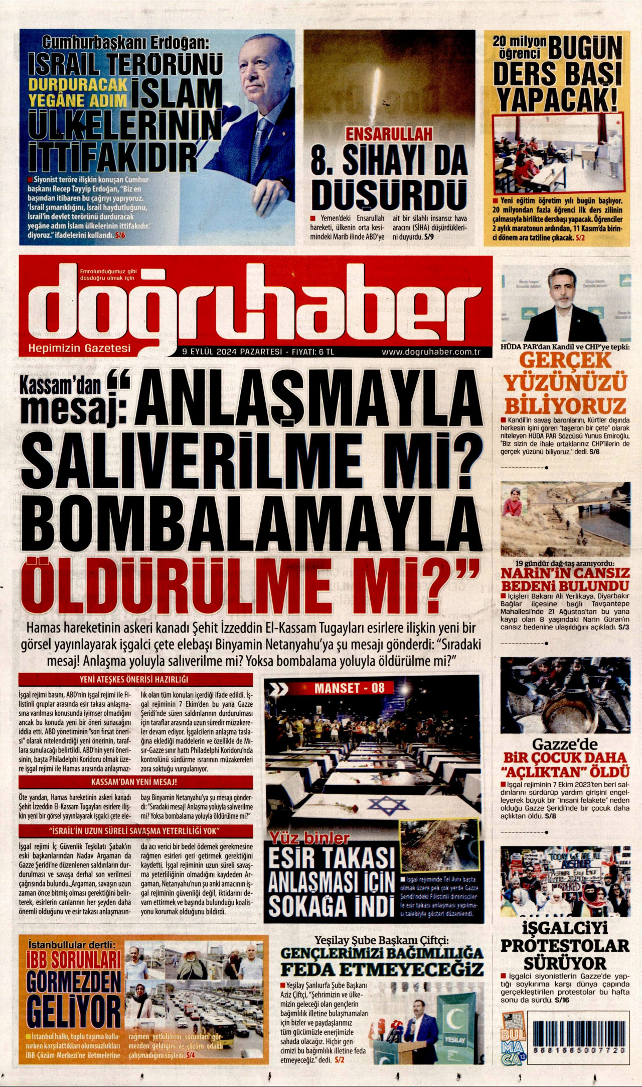 DOĞRU HABER gazetesinin 9 Eylül 2024 tarihli birinci sayfası