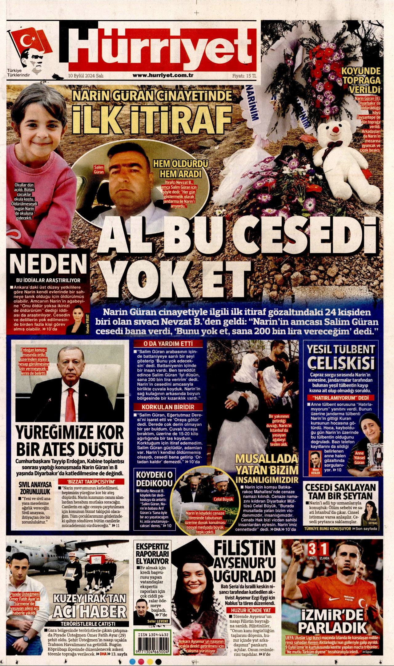 HÜRRİYET gazetesinin 10 Eylül 2024 tarihli birinci sayfası