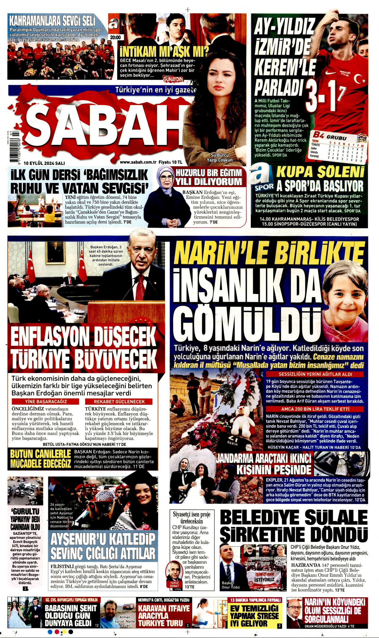SABAH gazetesinin 10 Eylül 2024 tarihli birinci sayfası