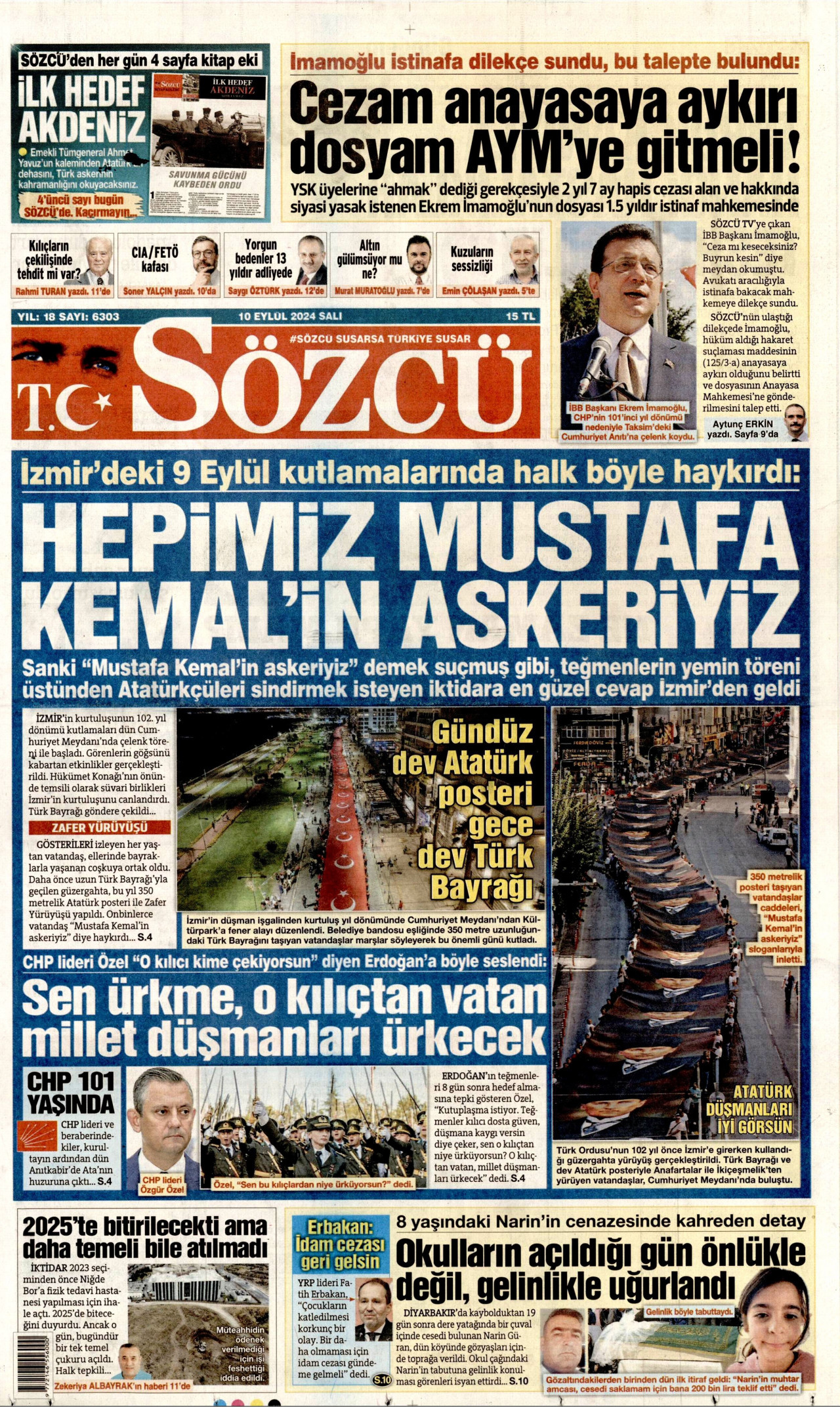 SÖZCÜ gazetesinin 10 Eylül 2024 tarihli birinci sayfası