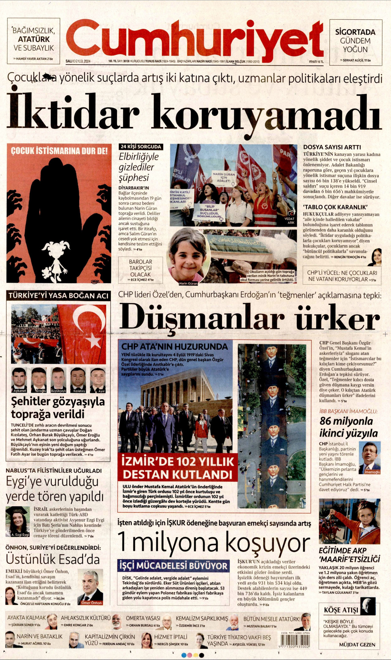 CUMHURİYET gazetesinin 10 Eylül 2024 tarihli birinci sayfası