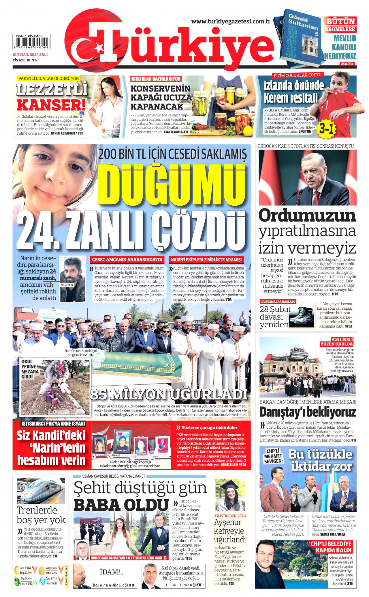 TÜRKİYE GAZETESİ gazetesinin 10 Eylül 2024 tarihli birinci sayfası