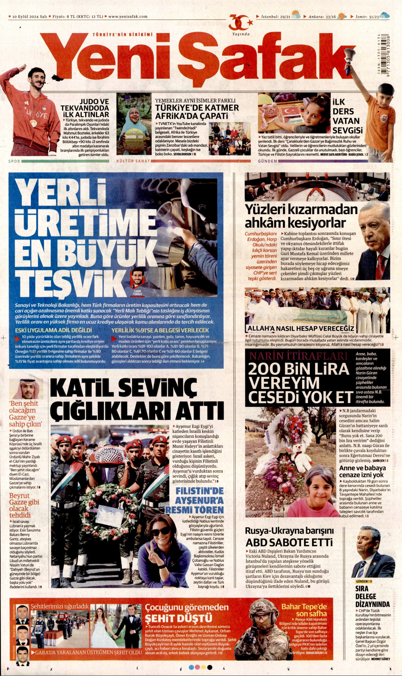 YENİ ŞAFAK gazetesinin 10 Eylül 2024 tarihli birinci sayfası