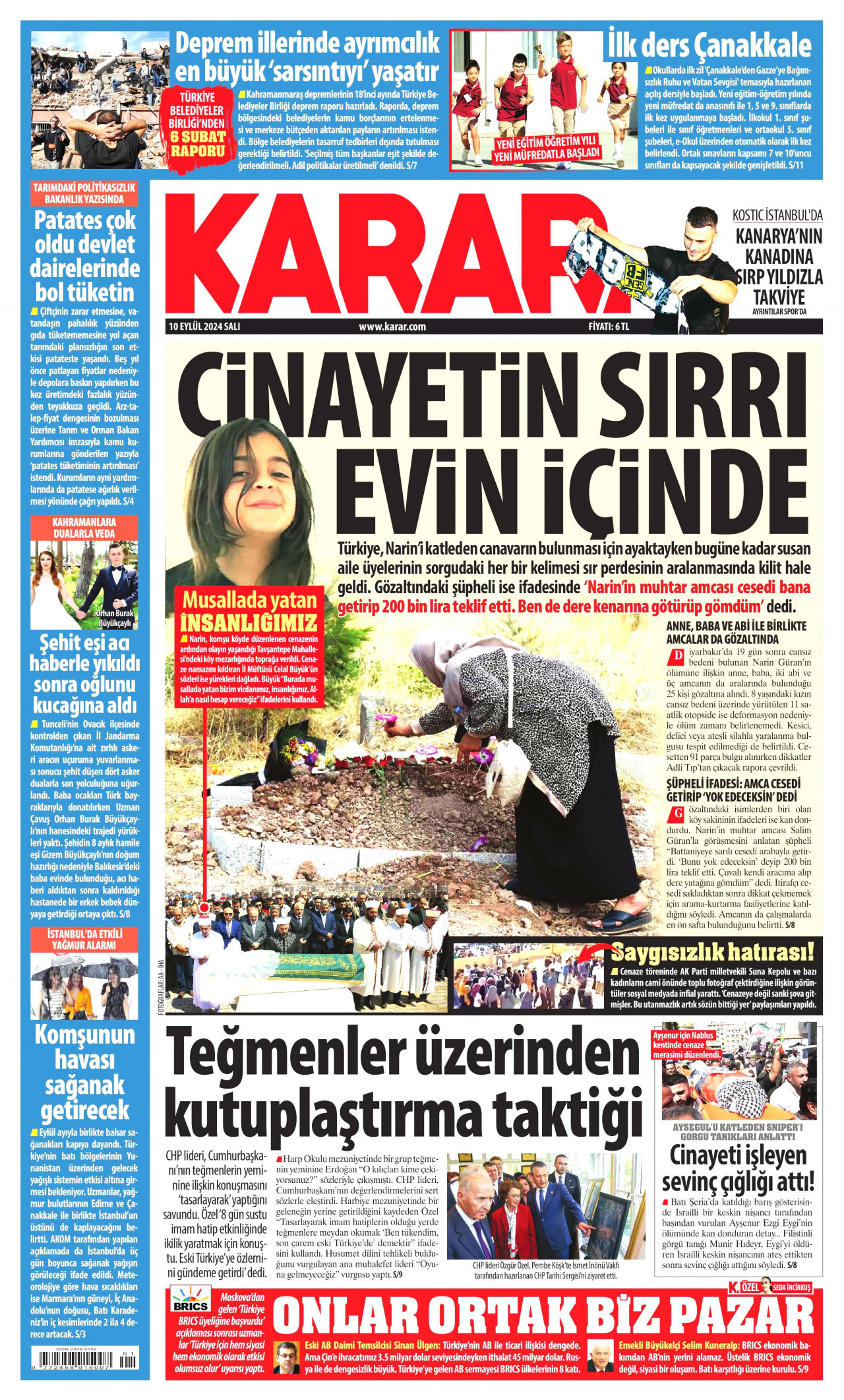 KARAR gazetesinin 10 Eylül 2024 tarihli birinci sayfası