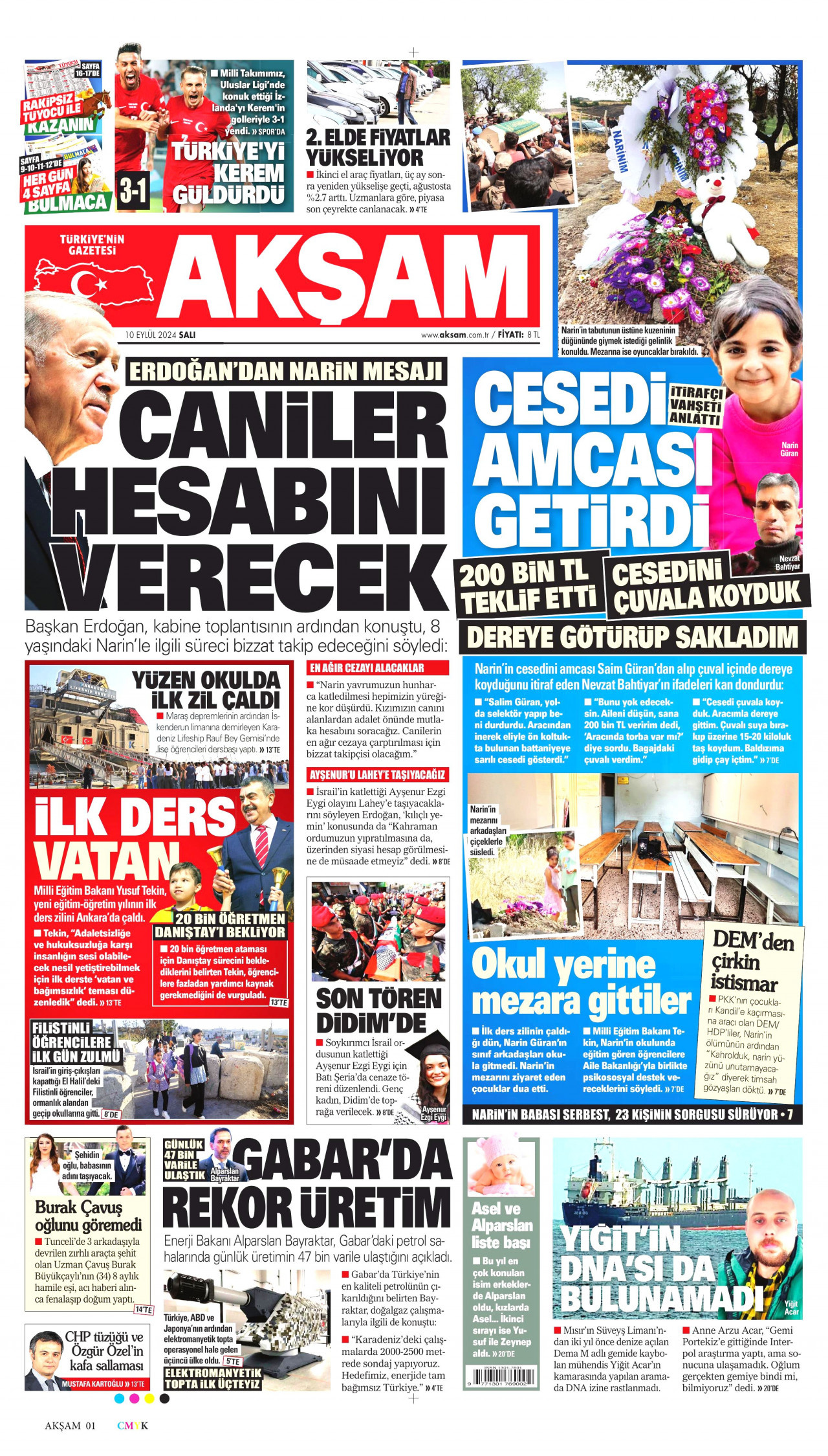 AKŞAM gazetesinin 10 Eylül 2024 tarihli birinci sayfası