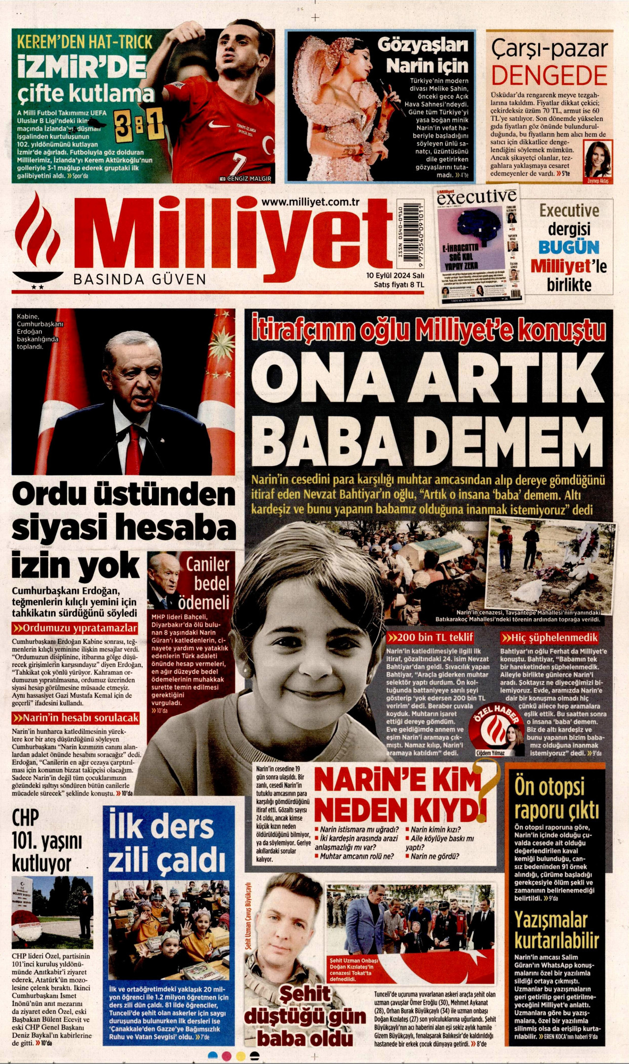 MİLLİYET gazetesinin 10 Eylül 2024 tarihli birinci sayfası
