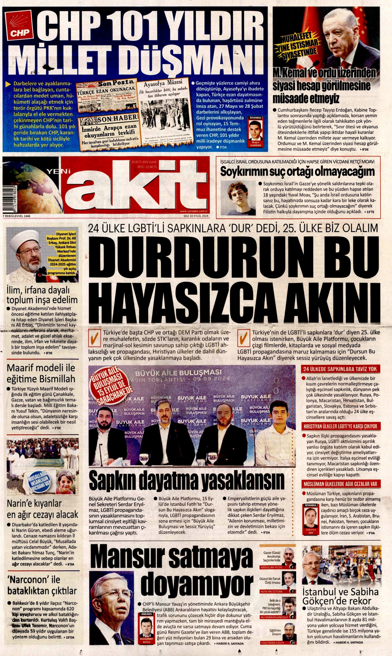 YENİ AKİT gazetesinin 10 Eylül 2024 tarihli birinci sayfası