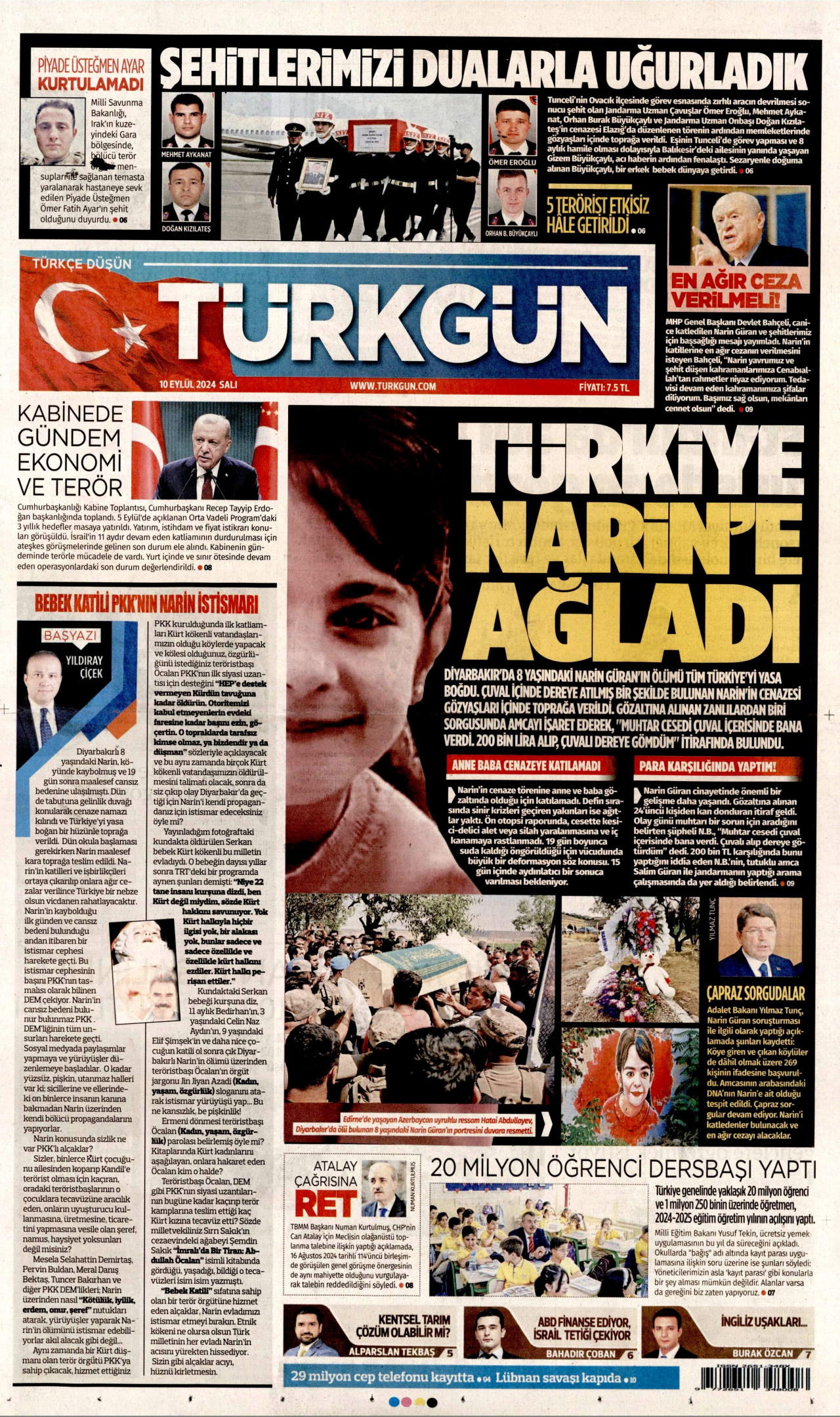 TÜRKGÜN gazetesinin 10 Eylül 2024 tarihli birinci sayfası