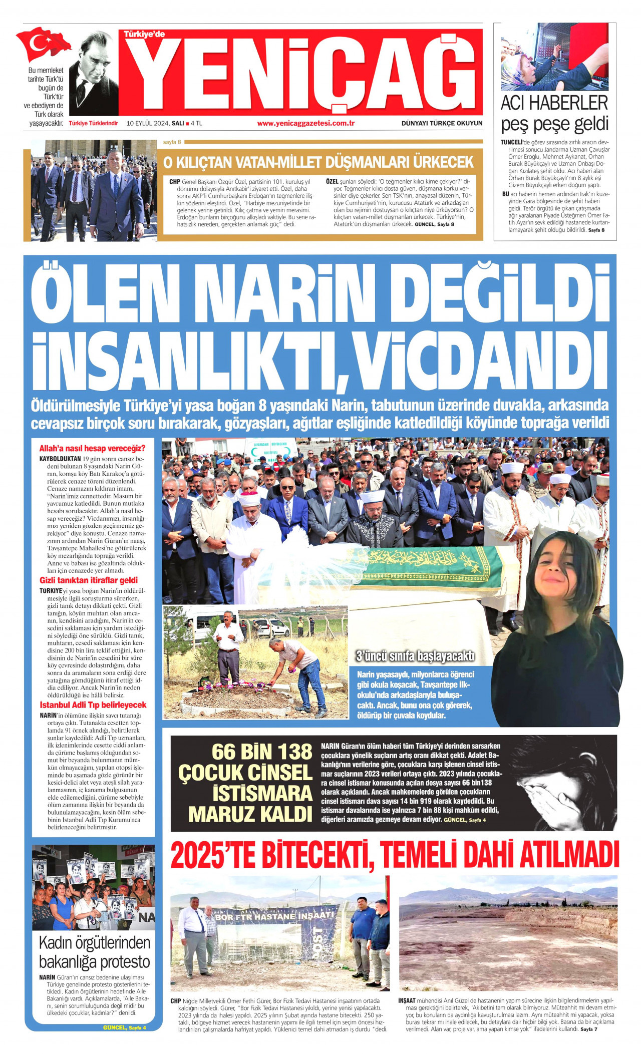YENİÇAĞ gazetesinin 10 Eylül 2024 tarihli birinci sayfası