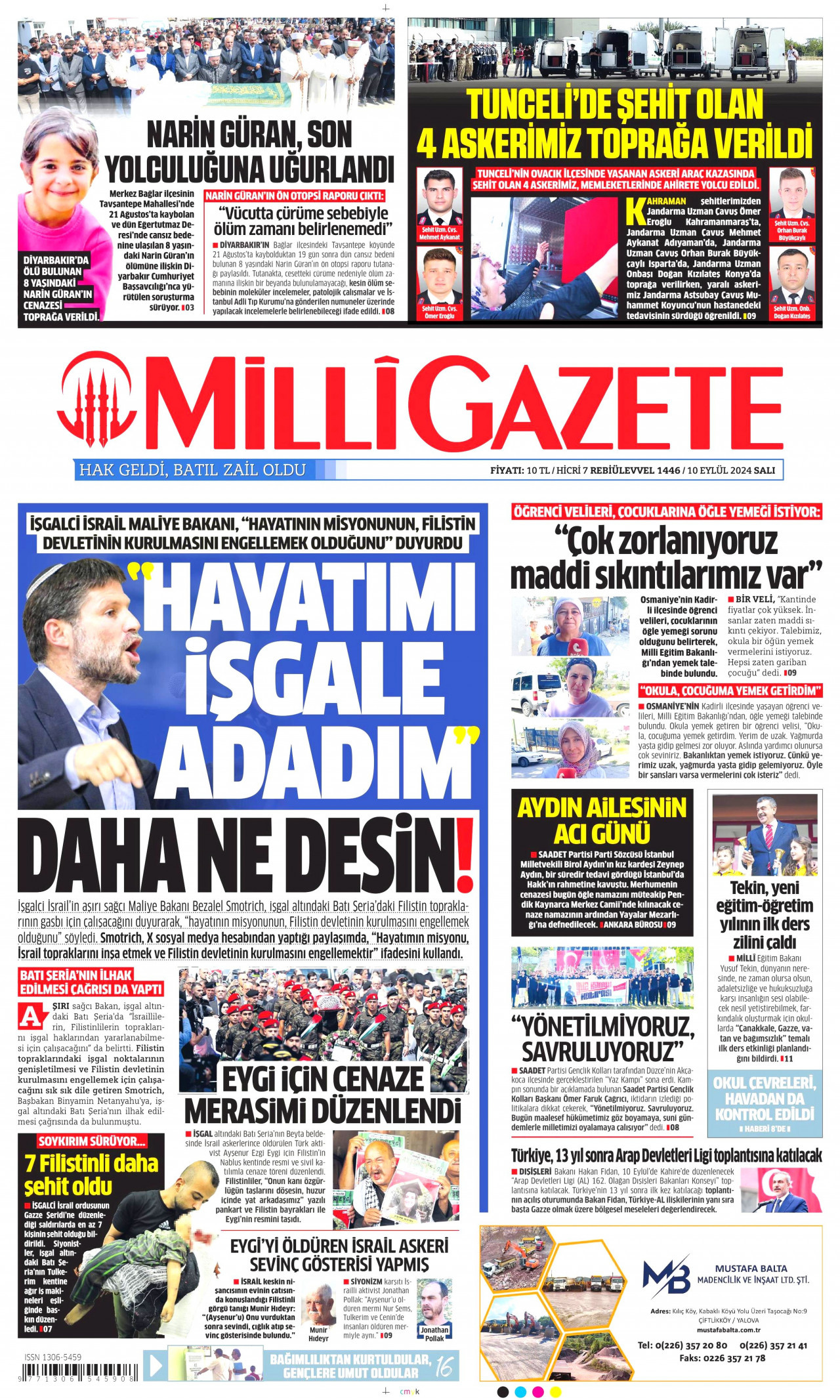 MİLLİ GAZETE gazetesinin 10 Eylül 2024 tarihli birinci sayfası