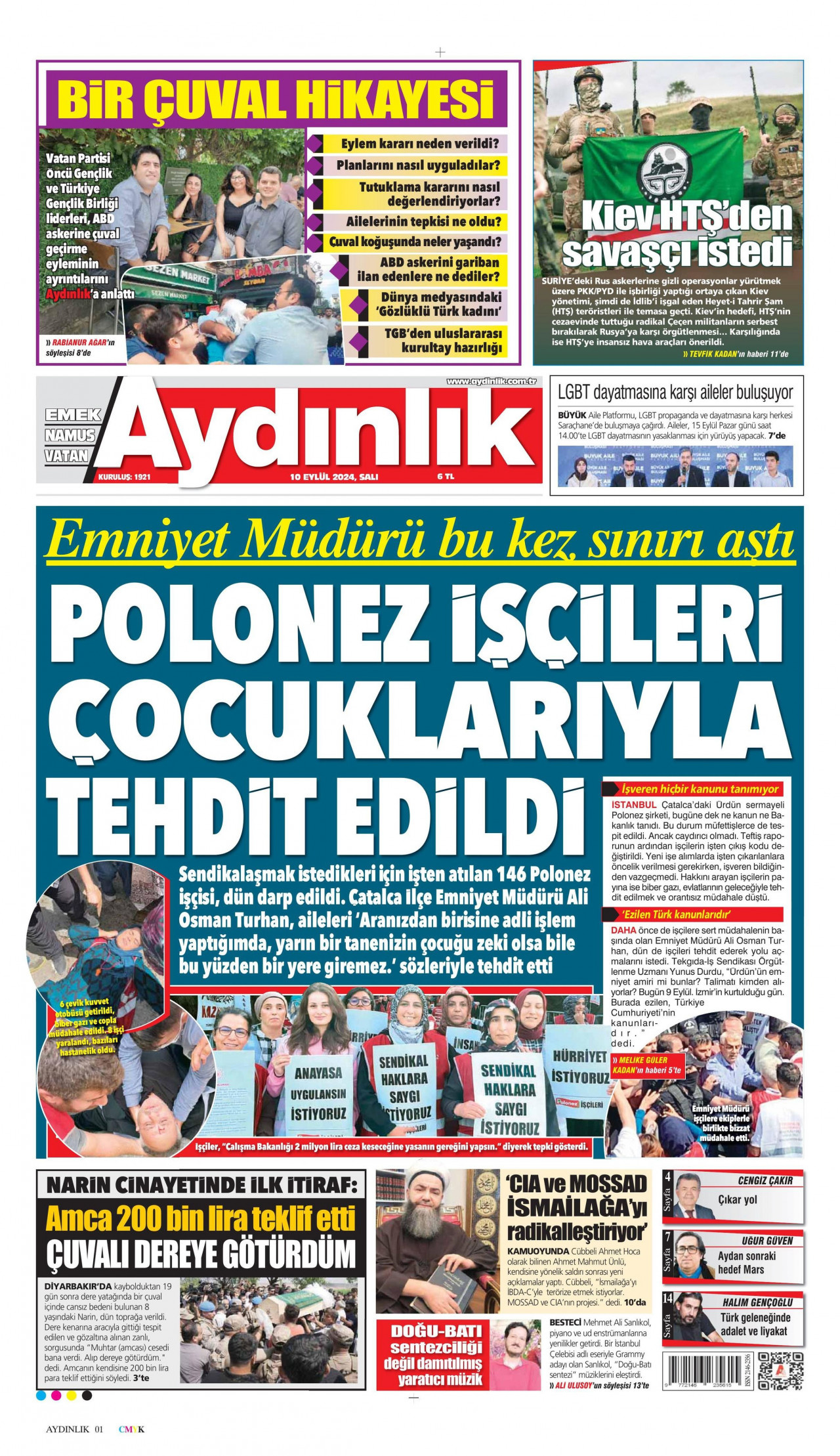 AYDINLIK GAZETESİ gazetesinin 10 Eylül 2024 tarihli birinci sayfası