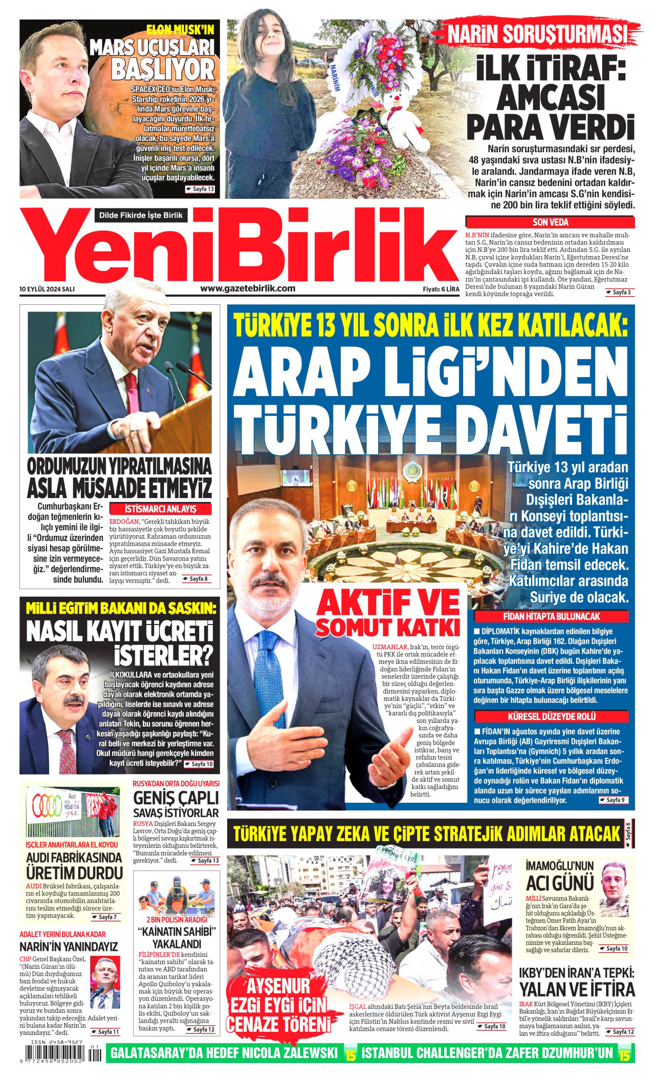 YENİBİRLİK gazetesinin 10 Eylül 2024 tarihli birinci sayfası