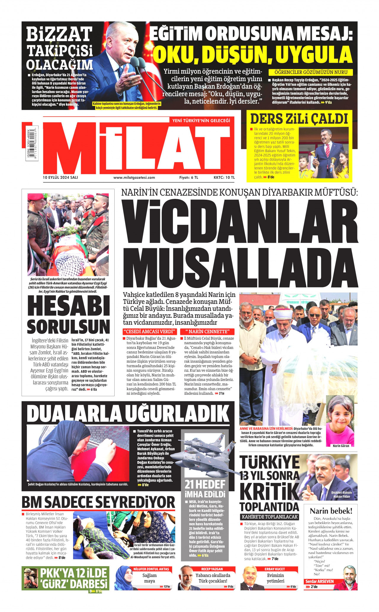 MİLAT gazetesinin 10 Eylül 2024 tarihli birinci sayfası