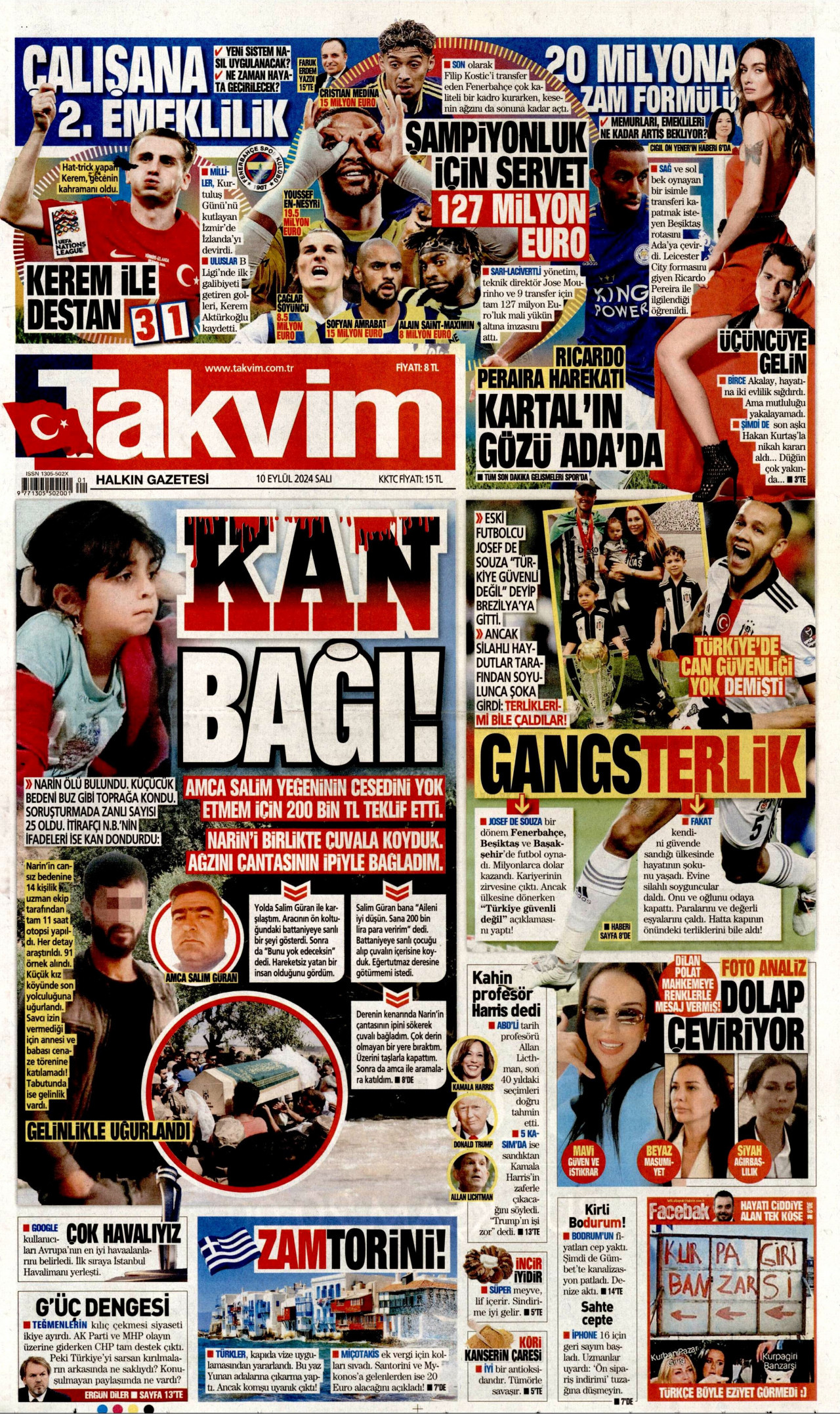 TAKVİM gazetesinin 10 Eylül 2024 tarihli birinci sayfası