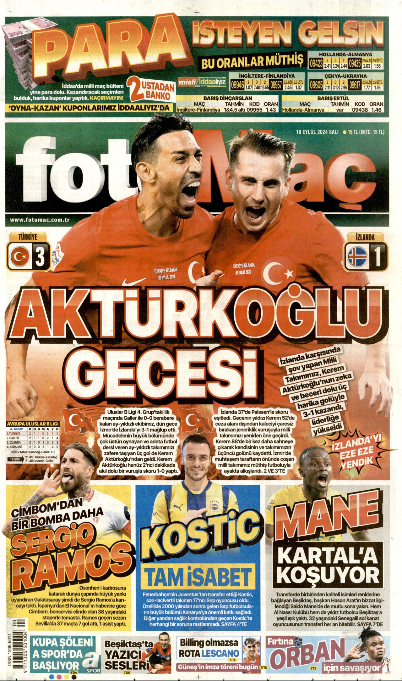 FOTOMAÇ gazetesinin 10 Eylül 2024 tarihli birinci sayfası