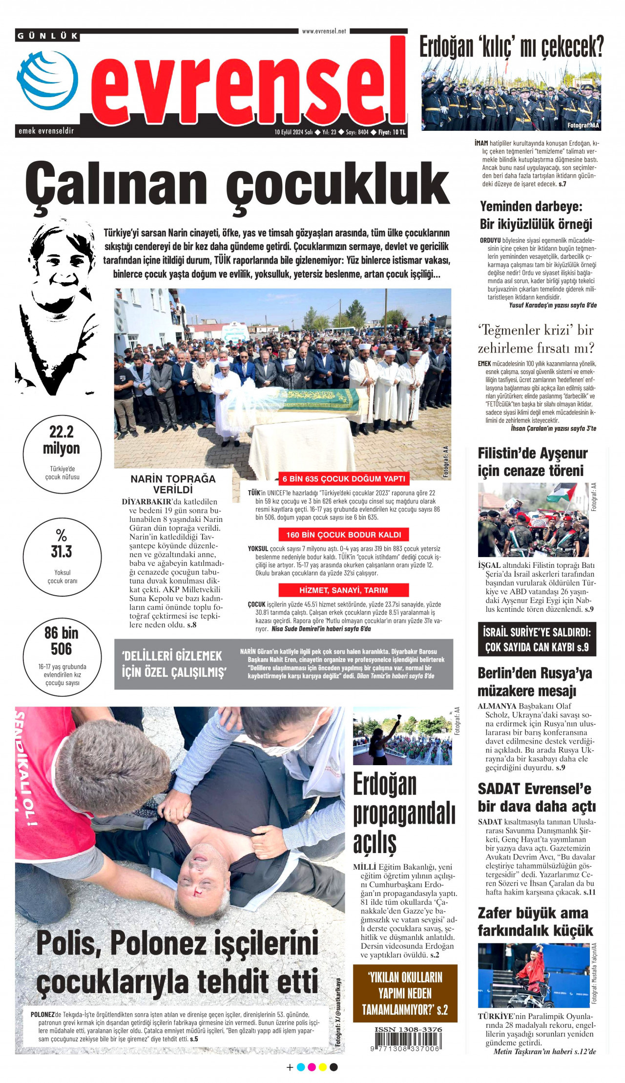 EVRENSEL gazetesinin 10 Eylül 2024 tarihli birinci sayfası