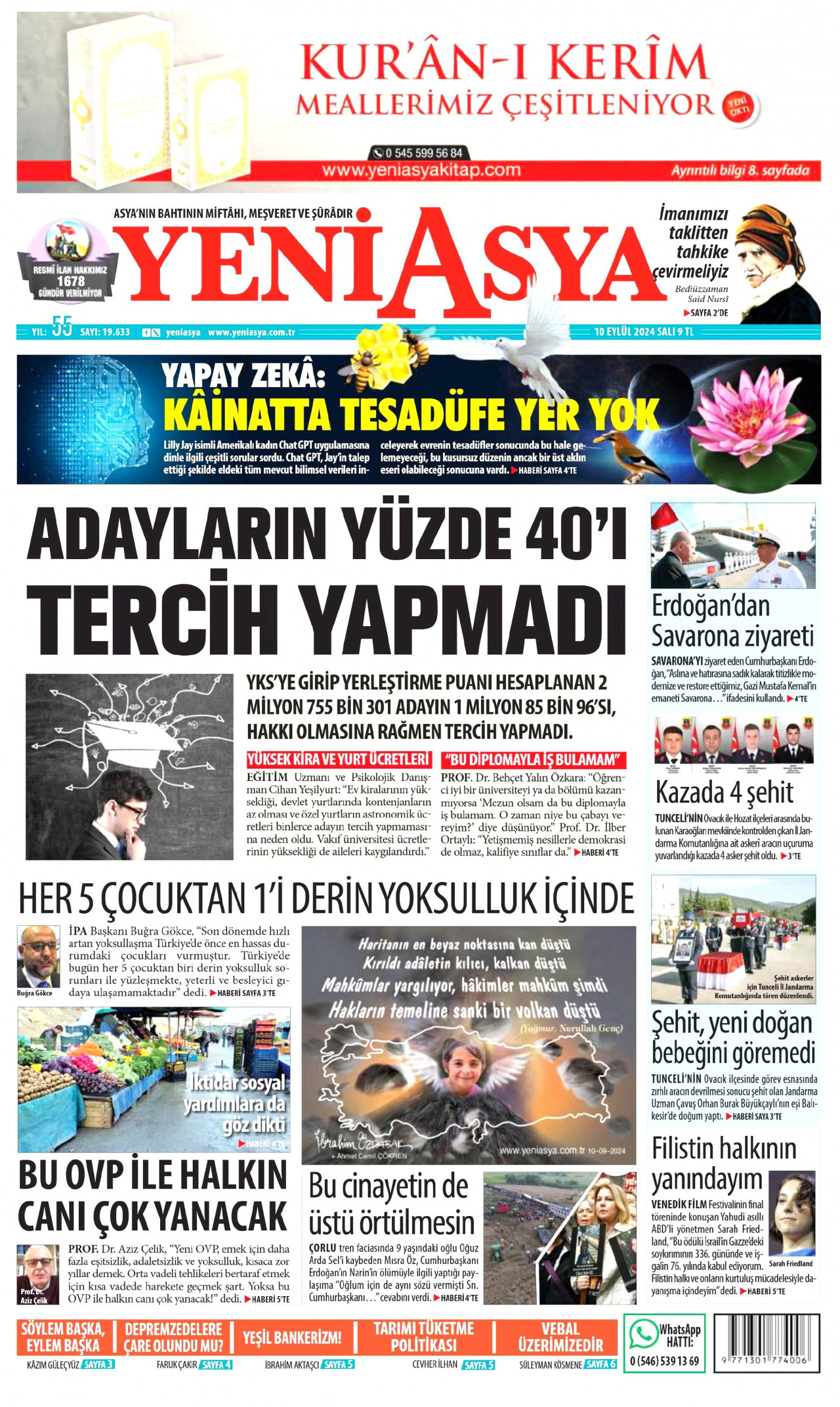 YENİ ASYA gazetesinin 10 Eylül 2024 tarihli birinci sayfası