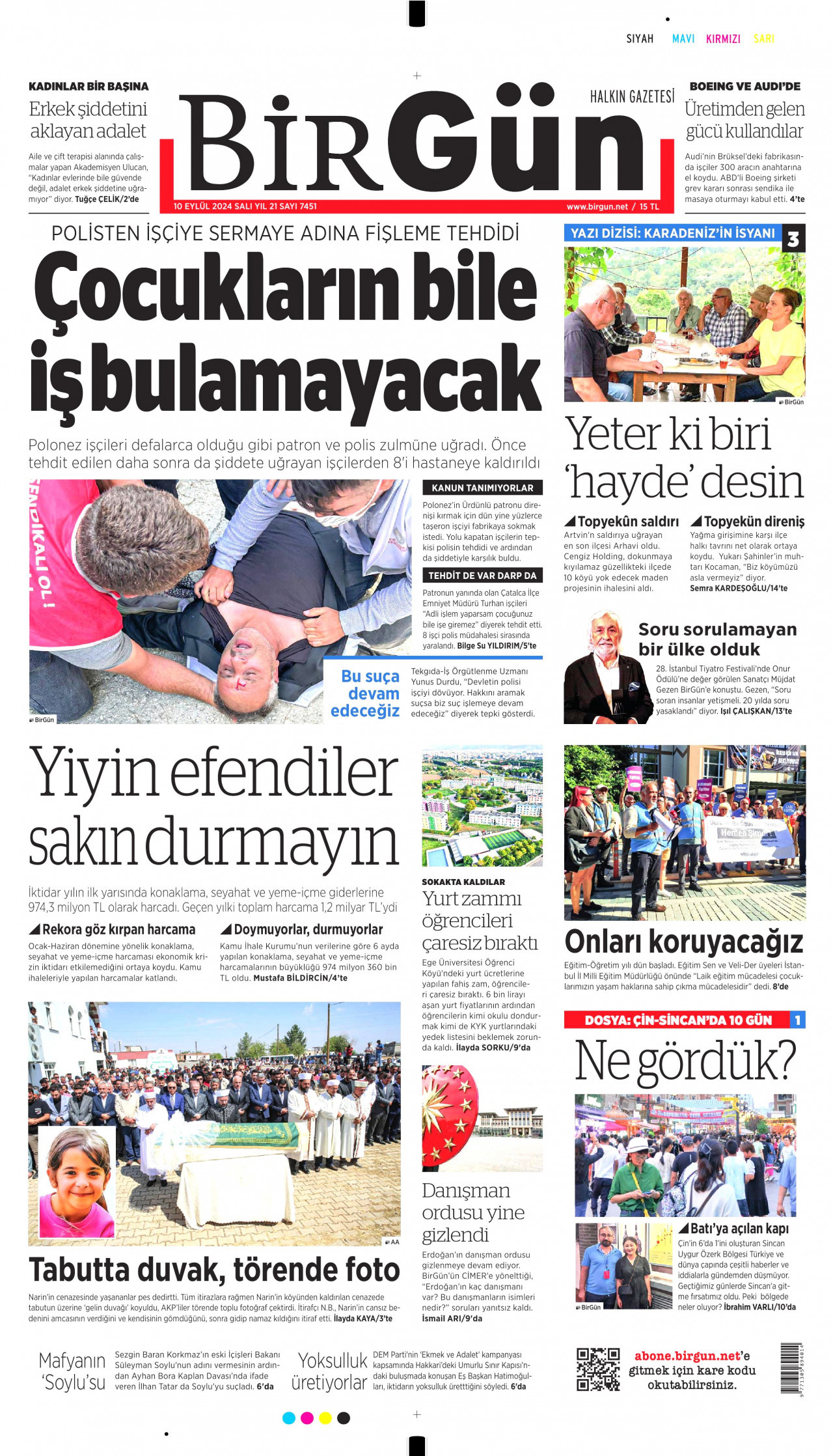 BİRGÜN gazetesinin 10 Eylül 2024 tarihli birinci sayfası