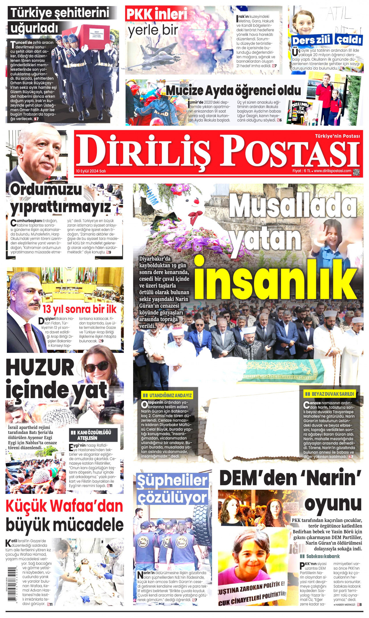 DİRİLİŞ POSTASI gazetesinin 10 Eylül 2024 tarihli birinci sayfası