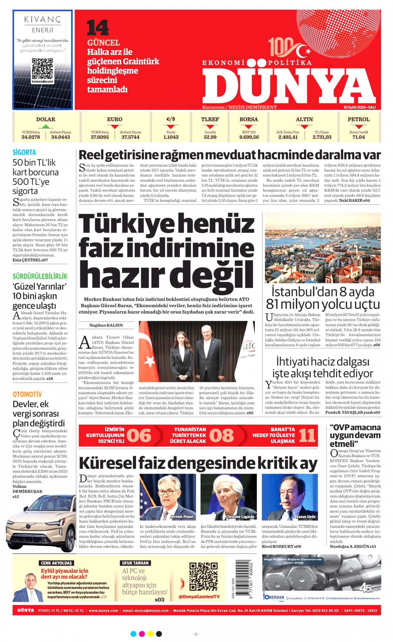 DÜNYA gazetesinin 10 Eylül 2024 tarihli birinci sayfası