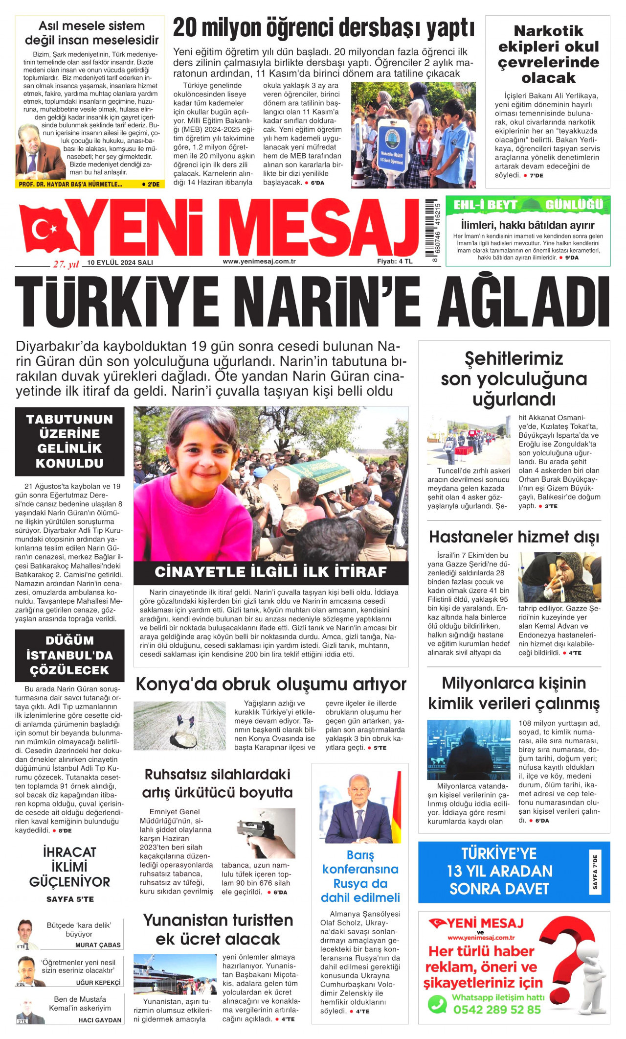 YENİ MESAJ gazetesinin 10 Eylül 2024 tarihli birinci sayfası