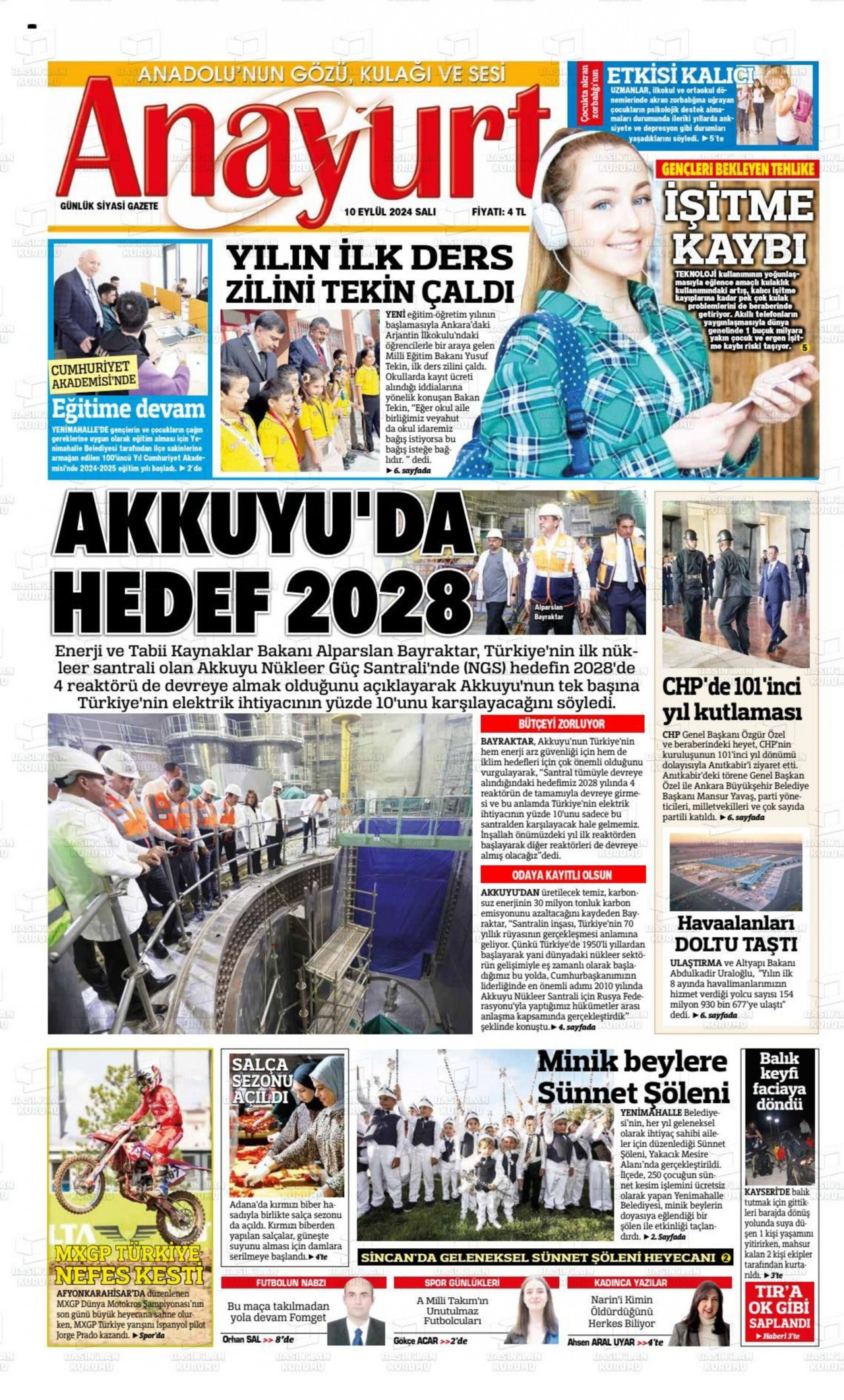 ANAYURT gazetesinin 10 Eylül 2024 tarihli birinci sayfası