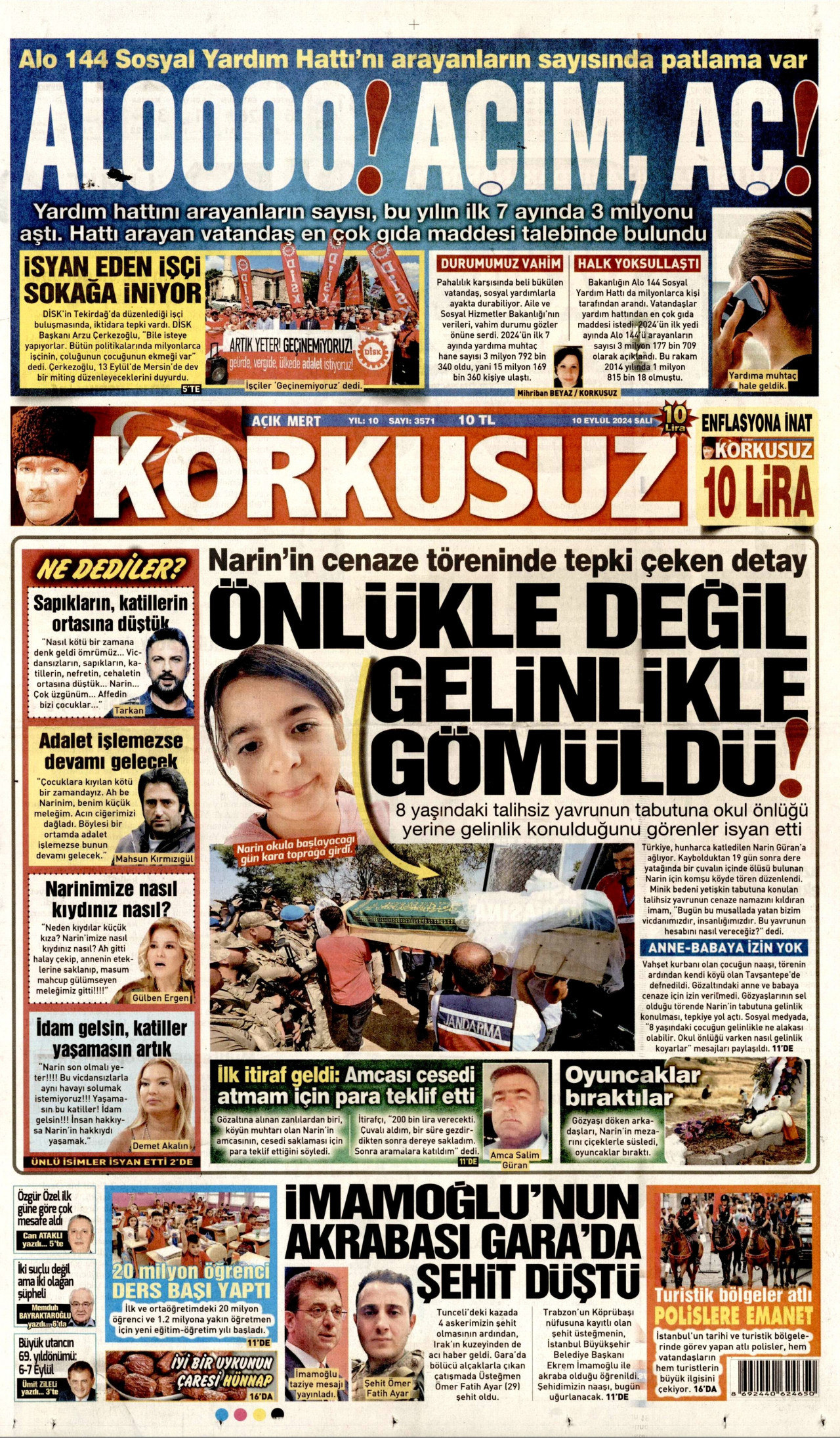 KORKUSUZ gazetesinin 10 Eylül 2024 tarihli birinci sayfası