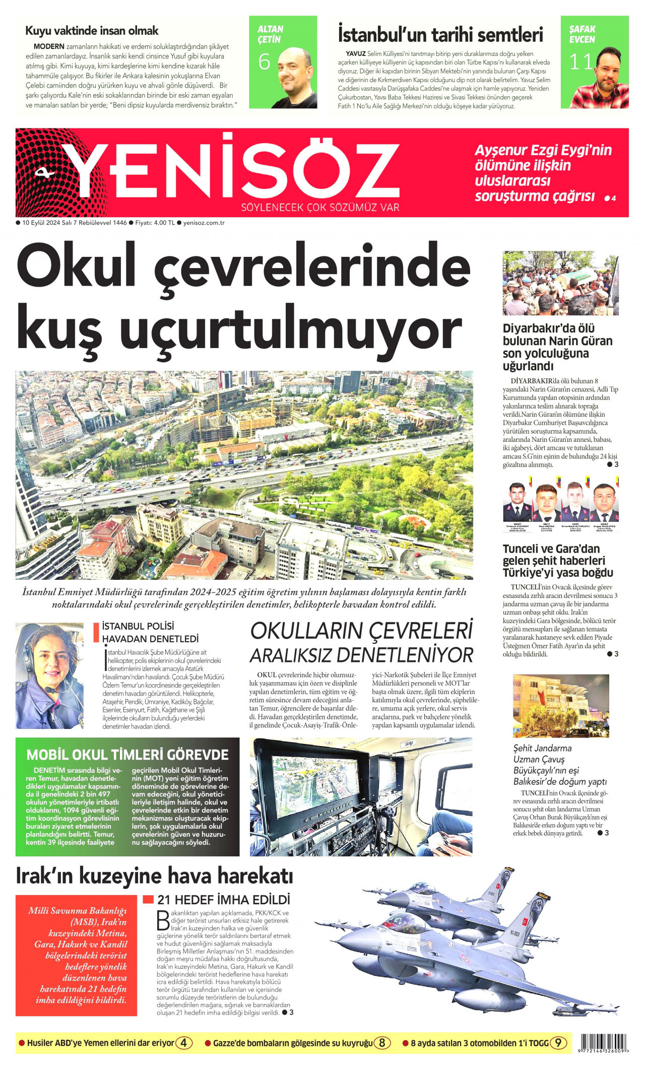 YENİ SÖZ GAZETESİ gazetesinin 10 Eylül 2024 tarihli birinci sayfası