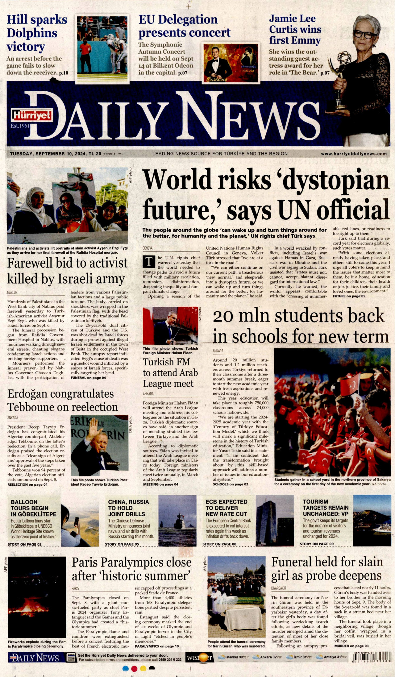 HÜRRİYET DAİLY NEWS gazetesinin 10 Eylül 2024 tarihli birinci sayfası