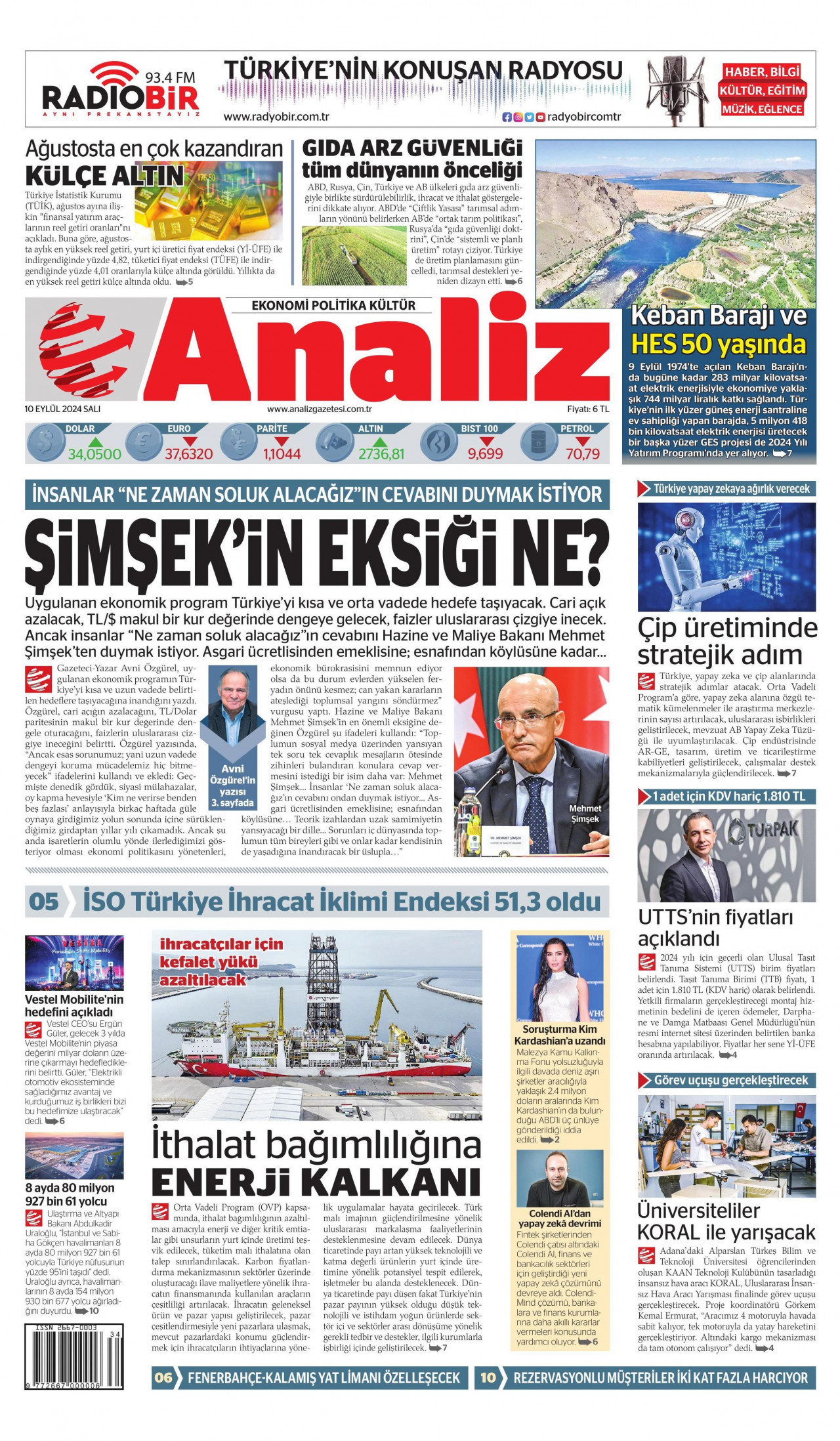 ANALİZ gazetesinin 10 Eylül 2024 tarihli birinci sayfası