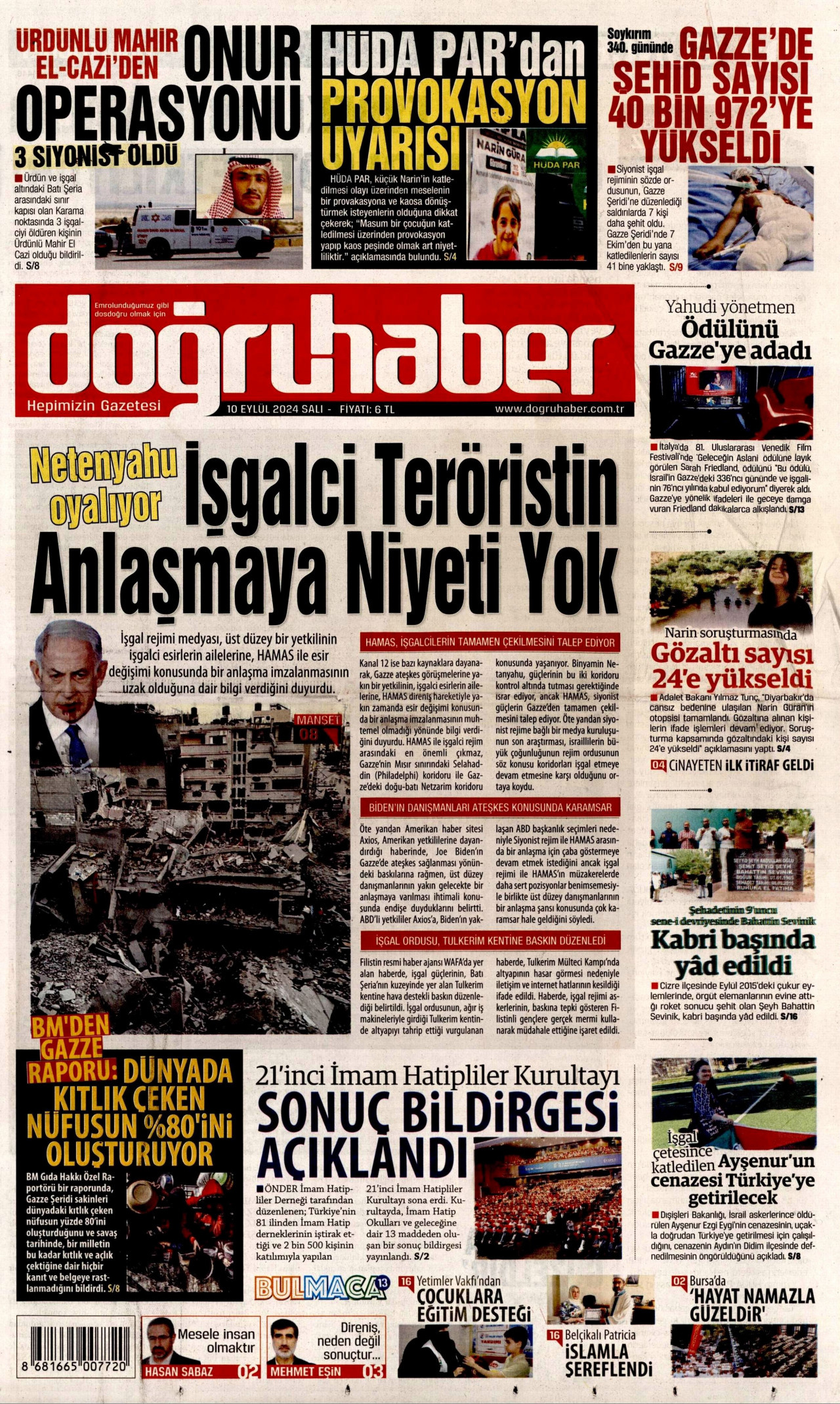 DOĞRU HABER gazetesinin 10 Eylül 2024 tarihli birinci sayfası
