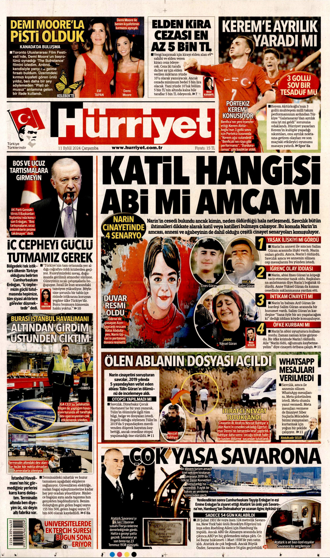 HÜRRİYET gazetesinin 11 Eylül 2024 tarihli birinci sayfası