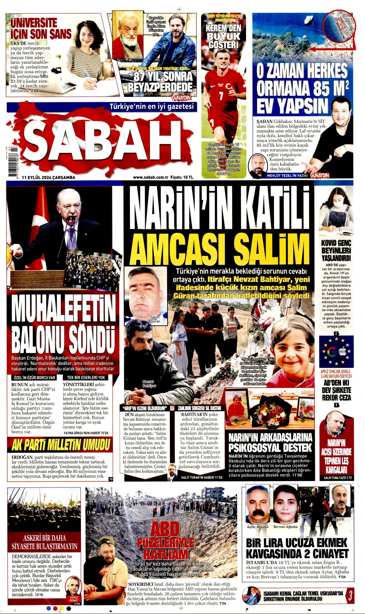 SABAH gazetesinin 11 Eylül 2024 tarihli birinci sayfası