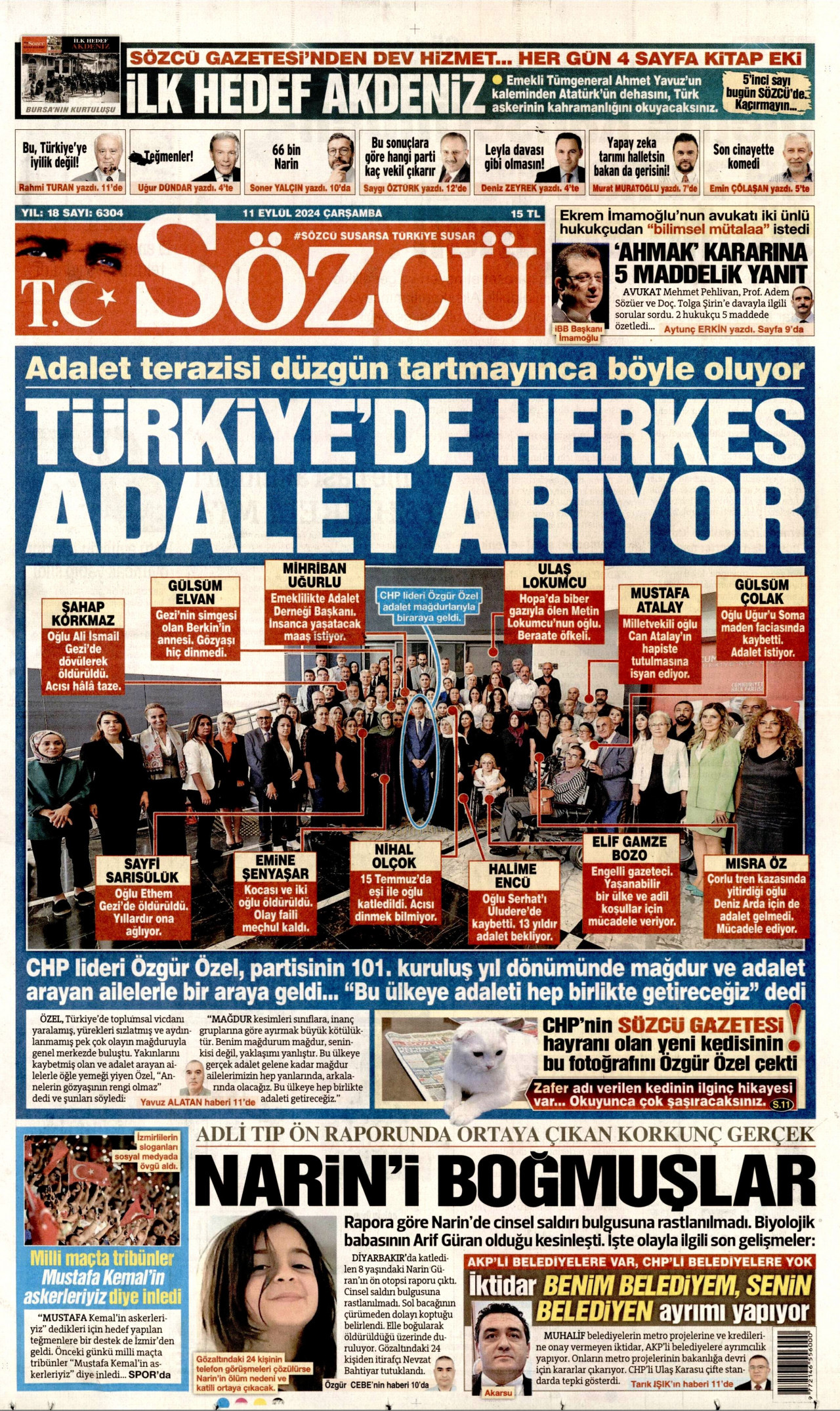SÖZCÜ gazetesinin 11 Eylül 2024 tarihli birinci sayfası