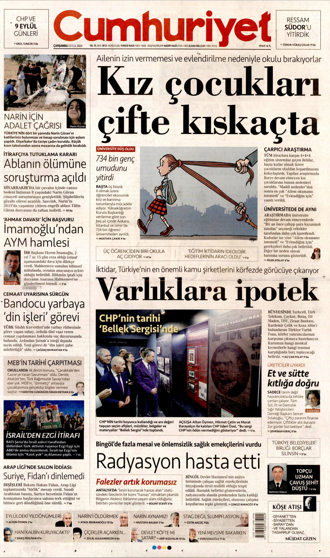 CUMHURİYET gazetesinin 11 Eylül 2024 tarihli birinci sayfası
