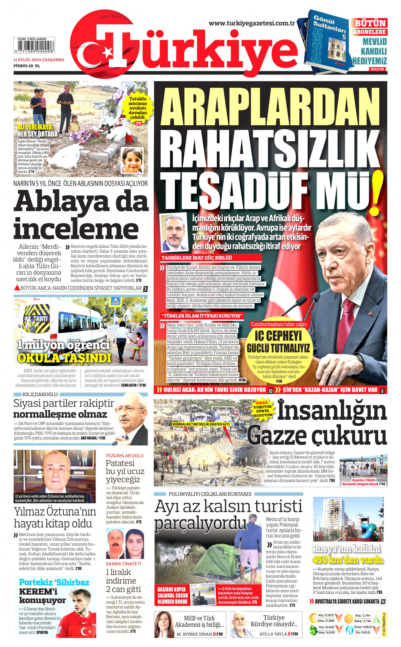 TÜRKİYE GAZETESİ gazetesinin 11 Eylül 2024 tarihli birinci sayfası