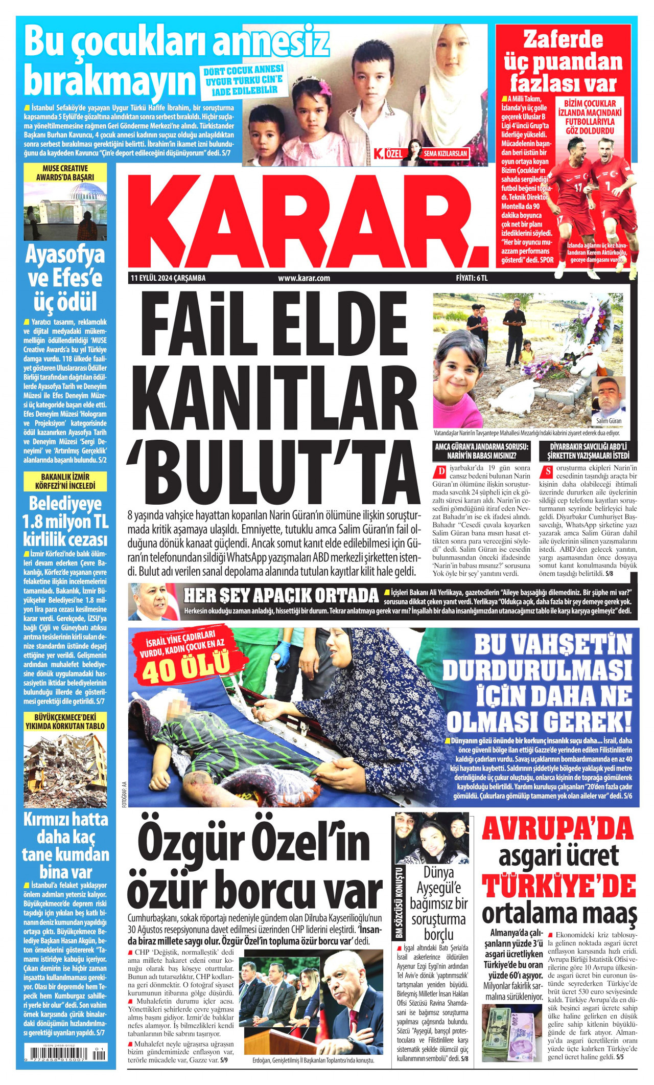 KARAR gazetesinin 11 Eylül 2024 tarihli birinci sayfası