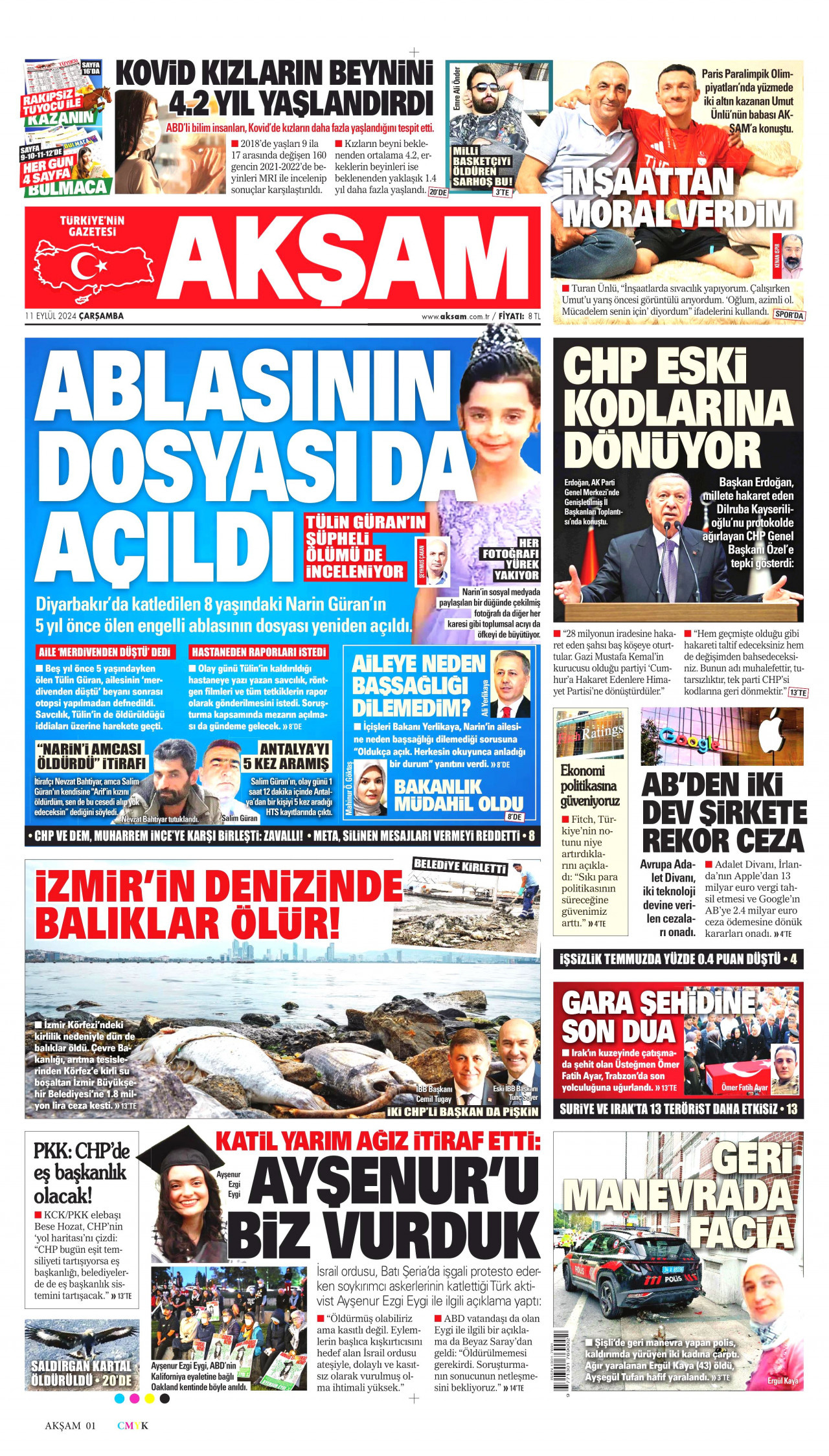 AKŞAM gazetesinin 11 Eylül 2024 tarihli birinci sayfası