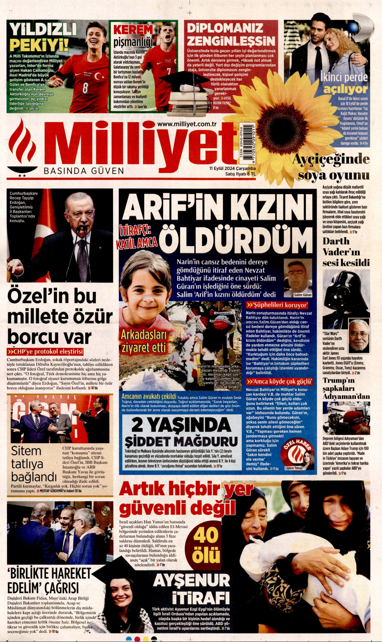 MİLLİYET gazetesinin 11 Eylül 2024 tarihli birinci sayfası
