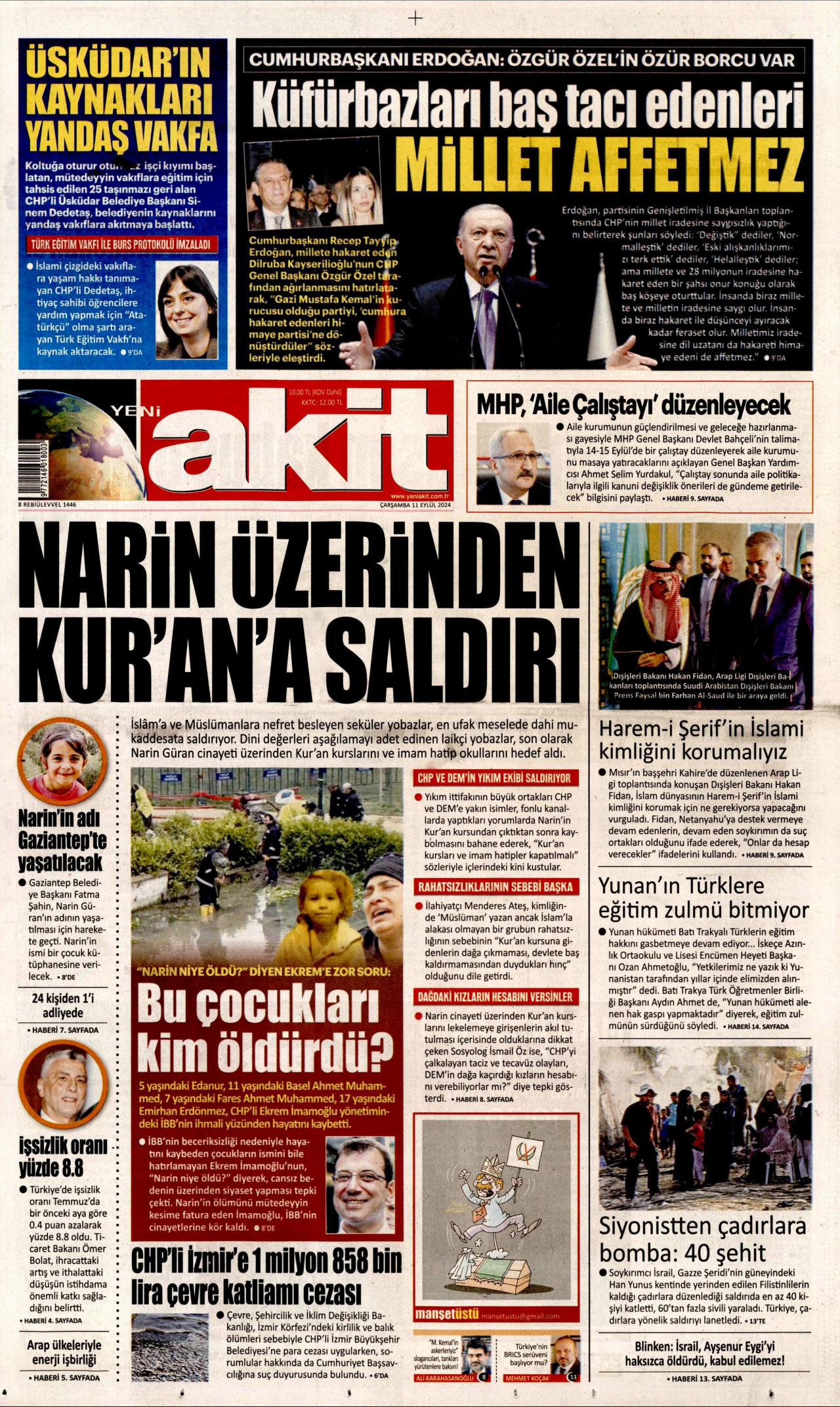 YENİ AKİT gazetesinin 11 Eylül 2024 tarihli birinci sayfası