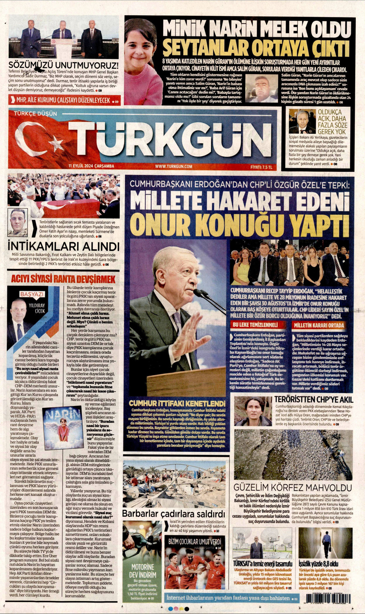 TÜRKGÜN gazetesinin 11 Eylül 2024 tarihli birinci sayfası