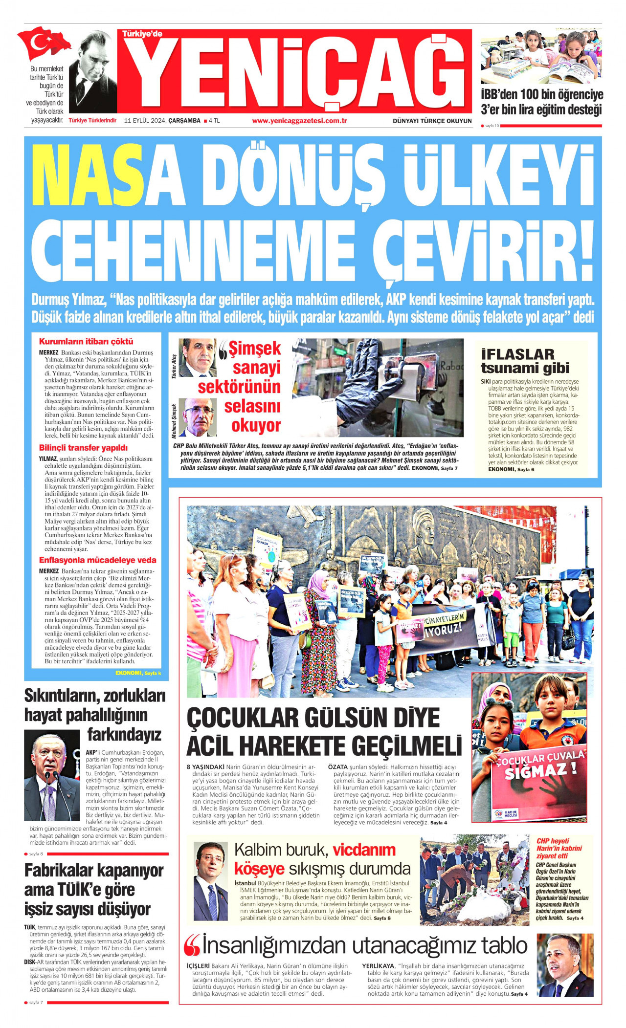 YENİÇAĞ gazetesinin 11 Eylül 2024 tarihli birinci sayfası