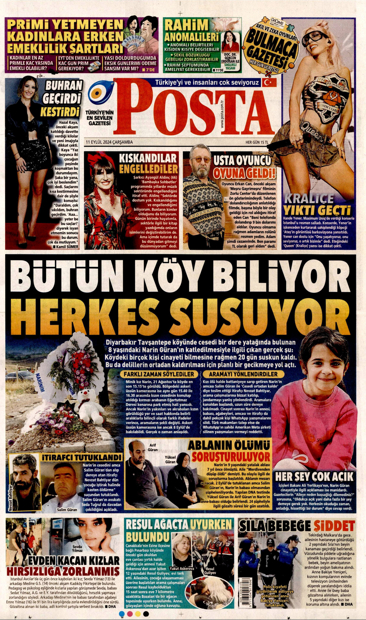 POSTA gazetesinin 11 Eylül 2024 tarihli birinci sayfası