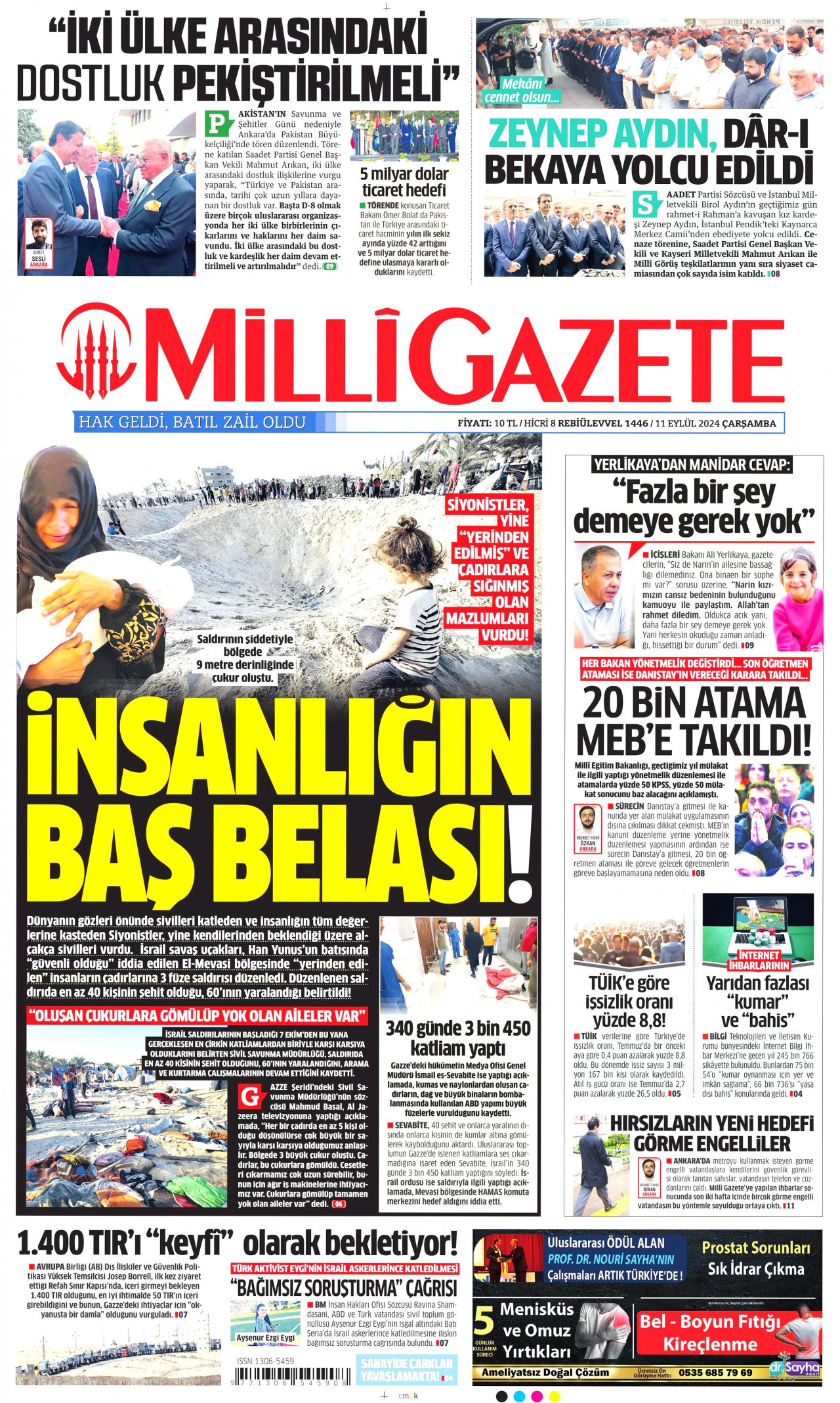 MİLLİ GAZETE gazetesinin 11 Eylül 2024 tarihli birinci sayfası