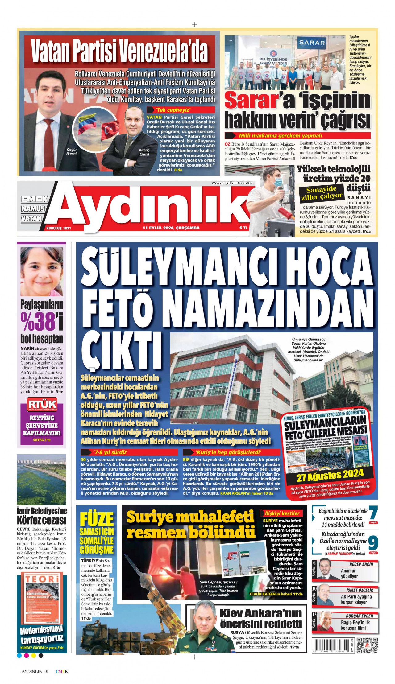 AYDINLIK GAZETESİ gazetesinin 11 Eylül 2024 tarihli birinci sayfası