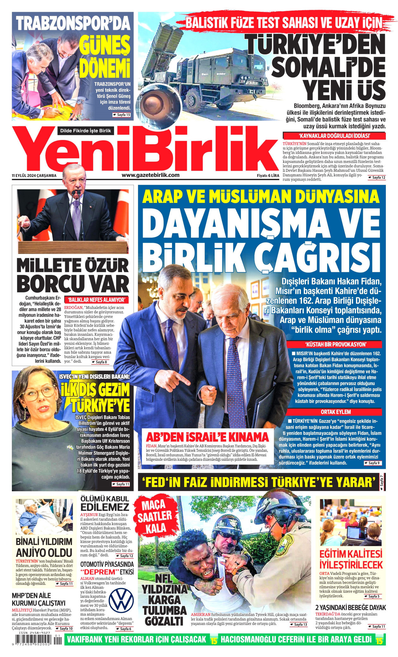 YENİBİRLİK gazetesinin 11 Eylül 2024 tarihli birinci sayfası