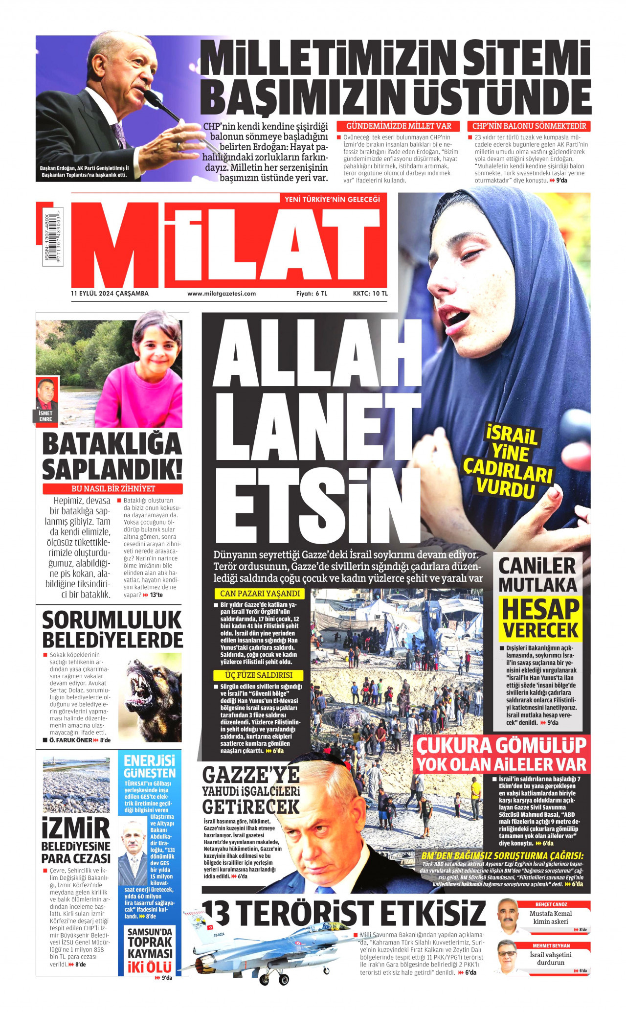 MİLAT gazetesinin 11 Eylül 2024 tarihli birinci sayfası