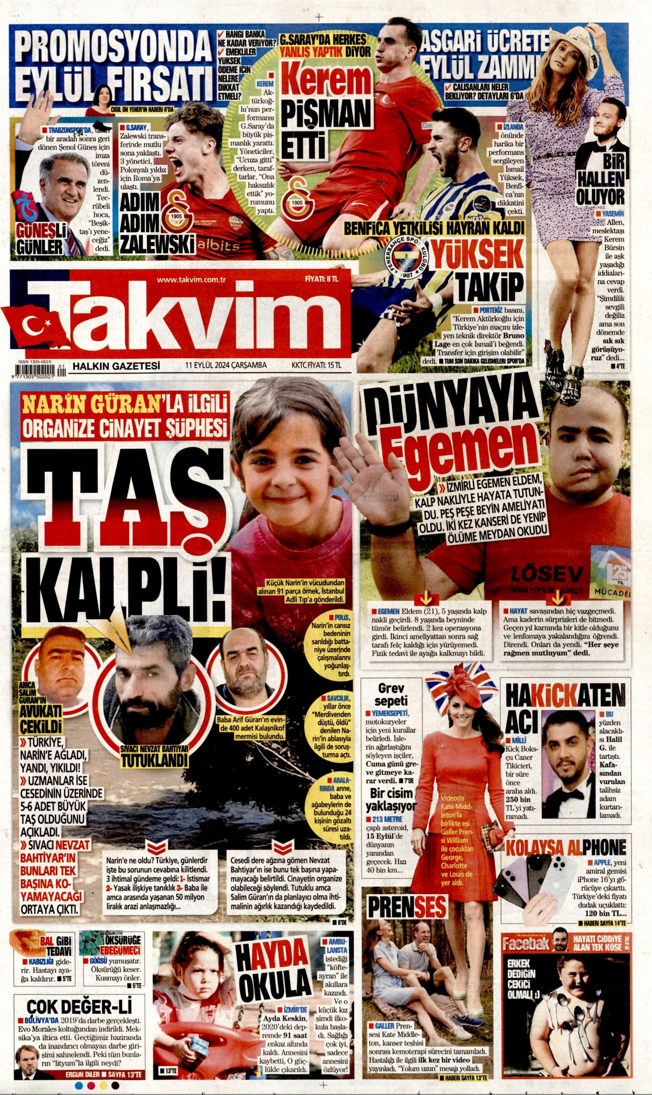 TAKVİM gazetesinin 11 Eylül 2024 tarihli birinci sayfası