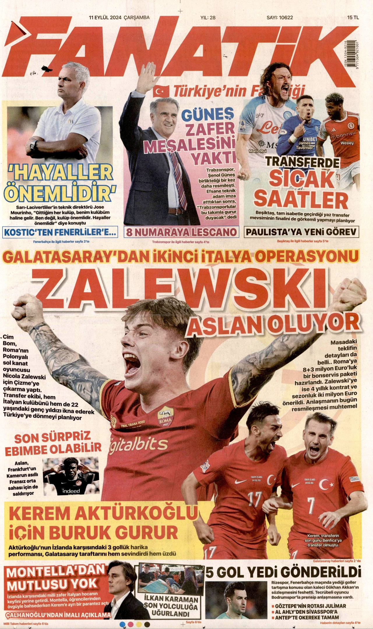 FANATİK gazetesinin 11 Eylül 2024 tarihli birinci sayfası